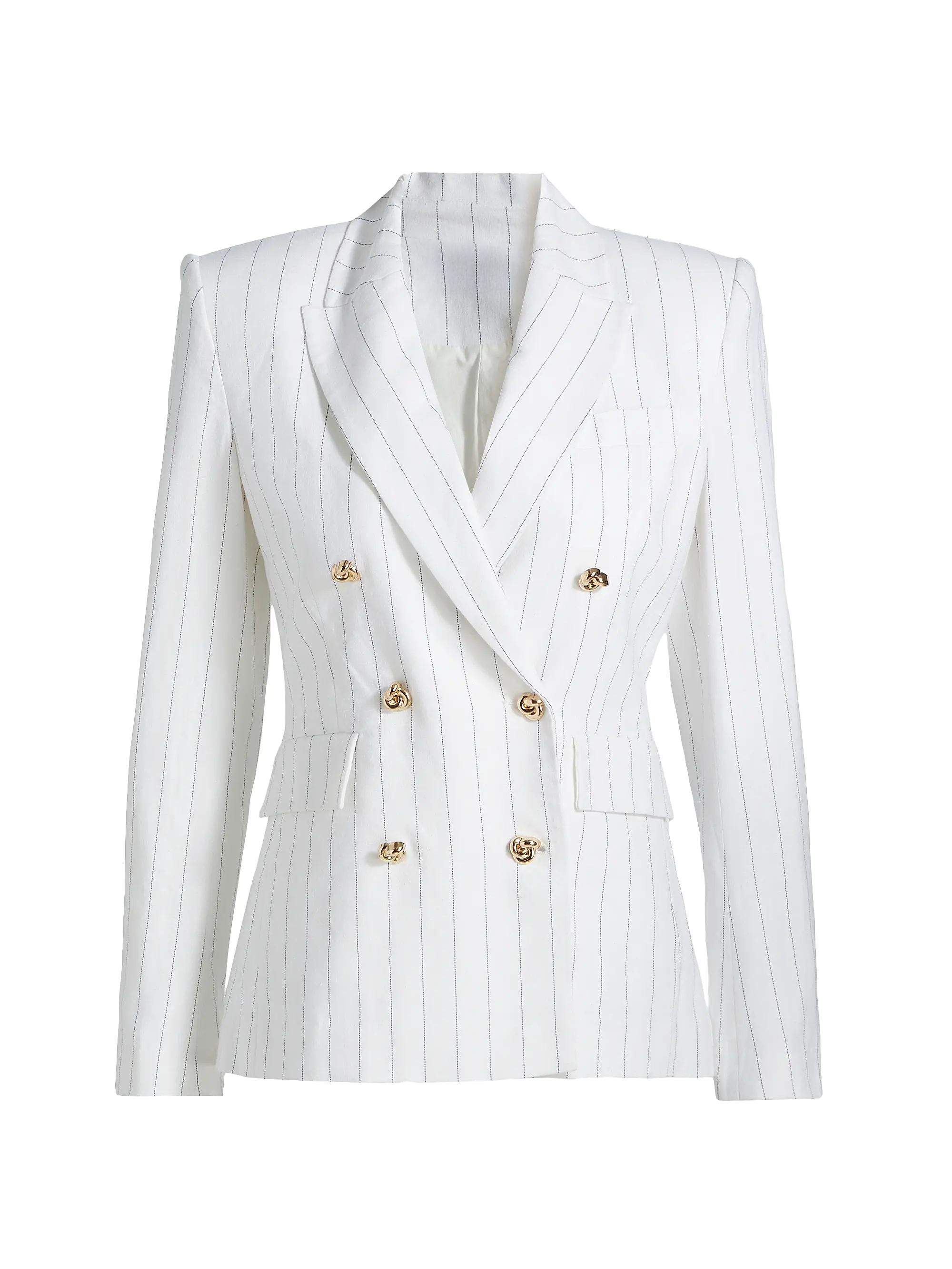 white blazer with black pinstripes and gold buttons