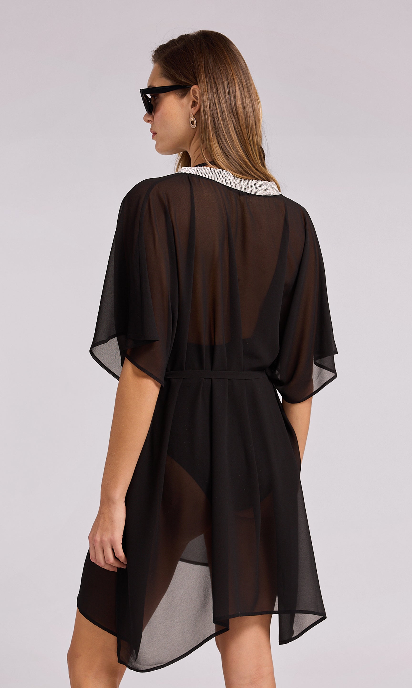 Bria Crystal black sheer cover-up dress, perfect for layering with a lightweight and elegant design.