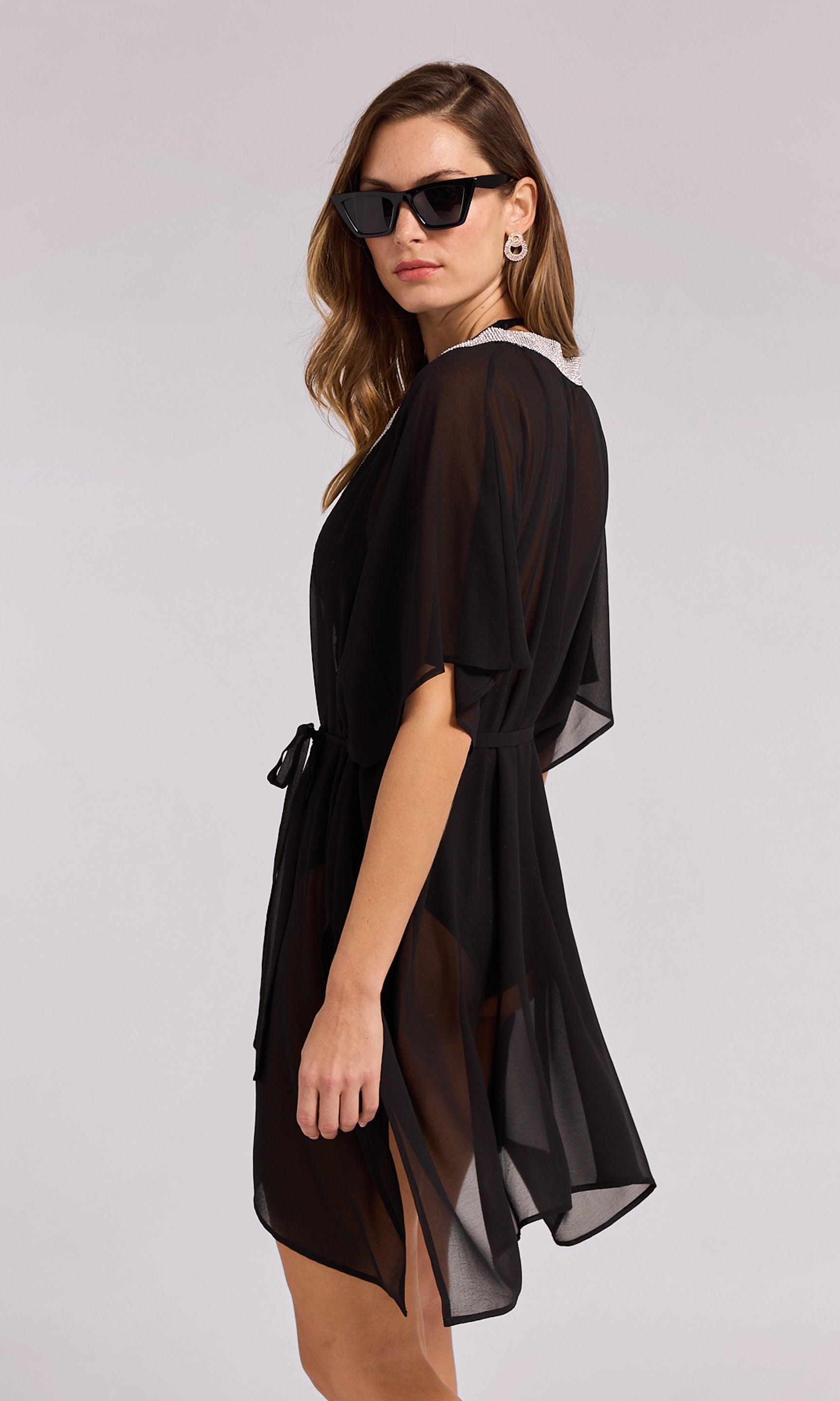 Bria Crystal black sheer cover-up dress, perfect for layering with a lightweight and elegant design.