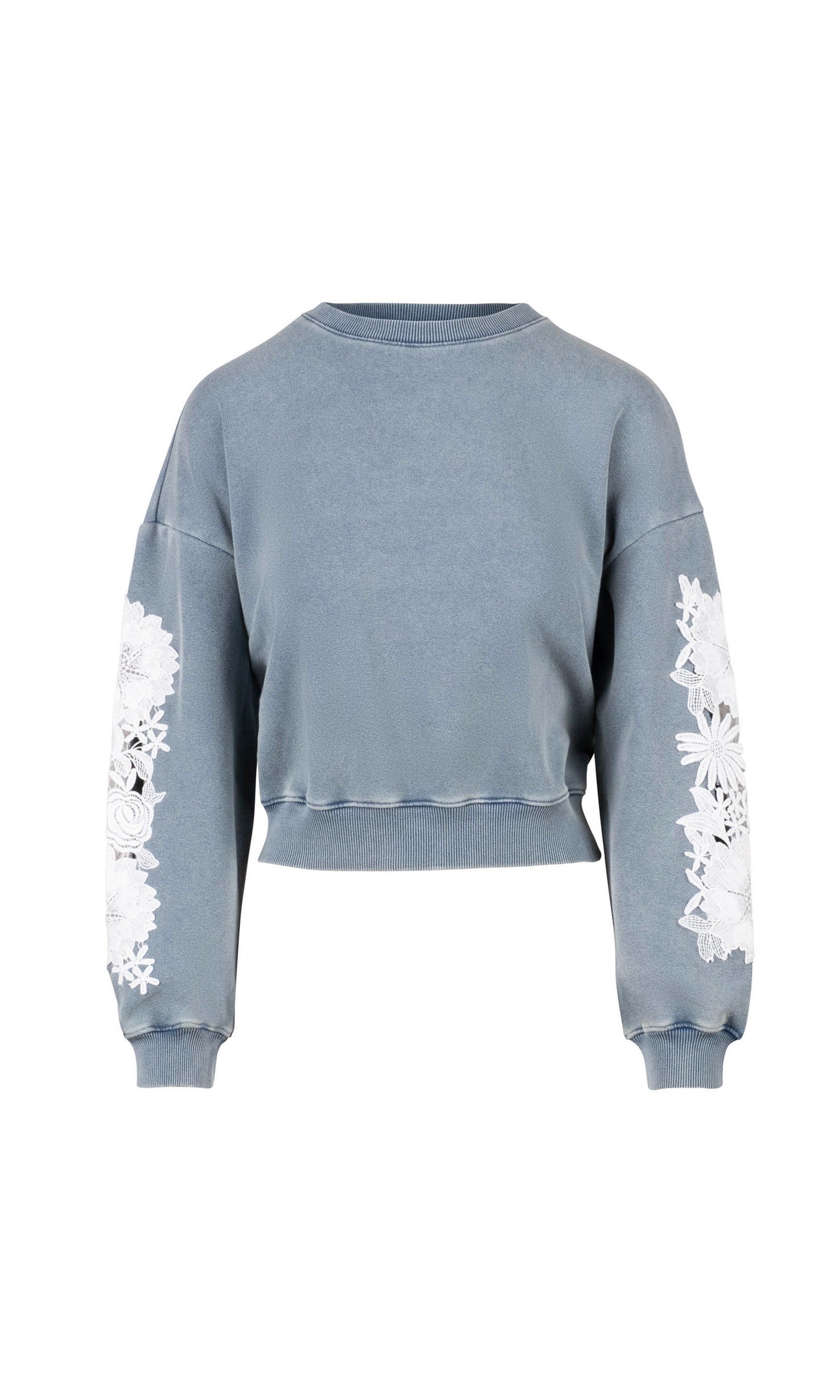 ghost image of the Arabella Lace Combo Sweatshirt in washed denim blue with white lace details on the sleeves