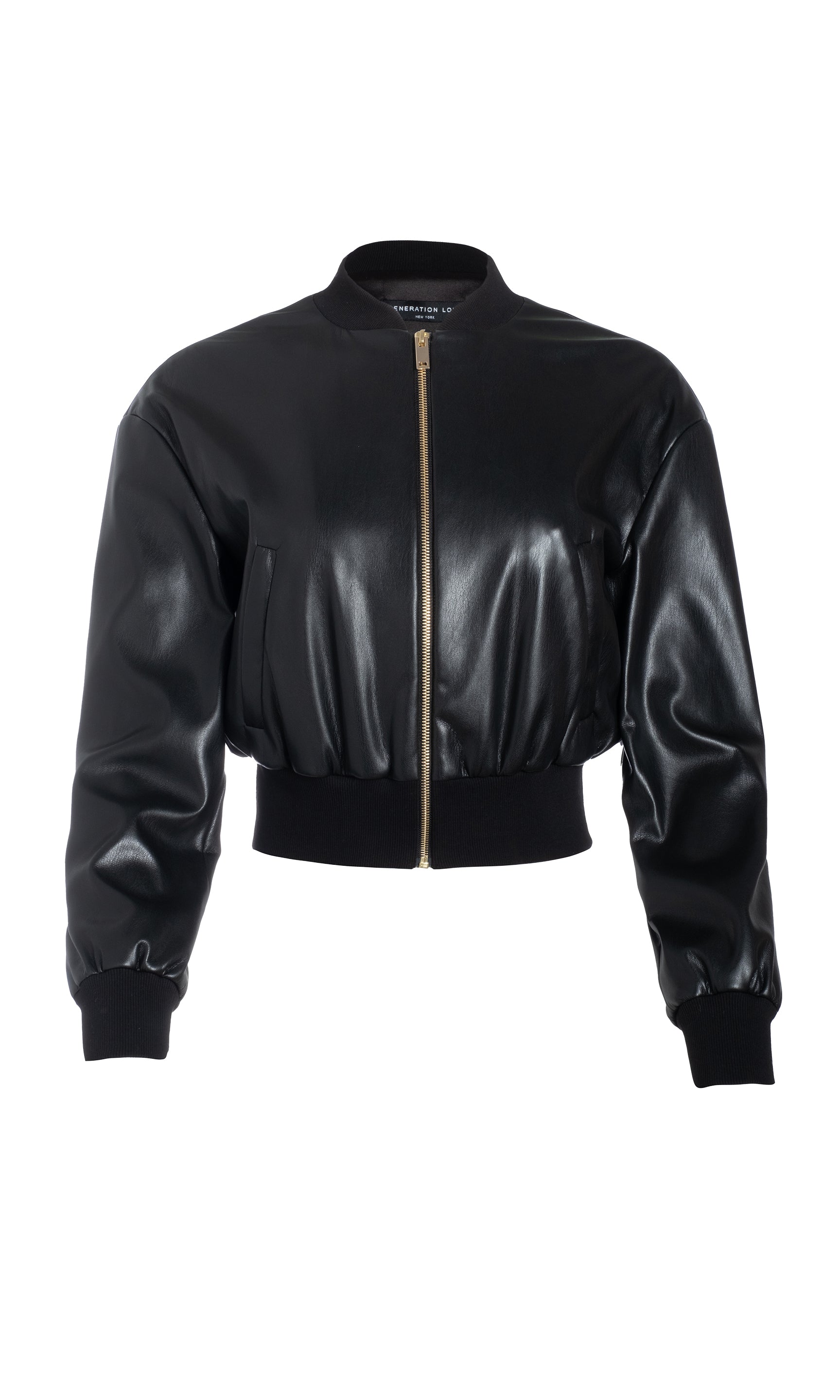 zipped-up, black vegan leather bomber with a gold zipper