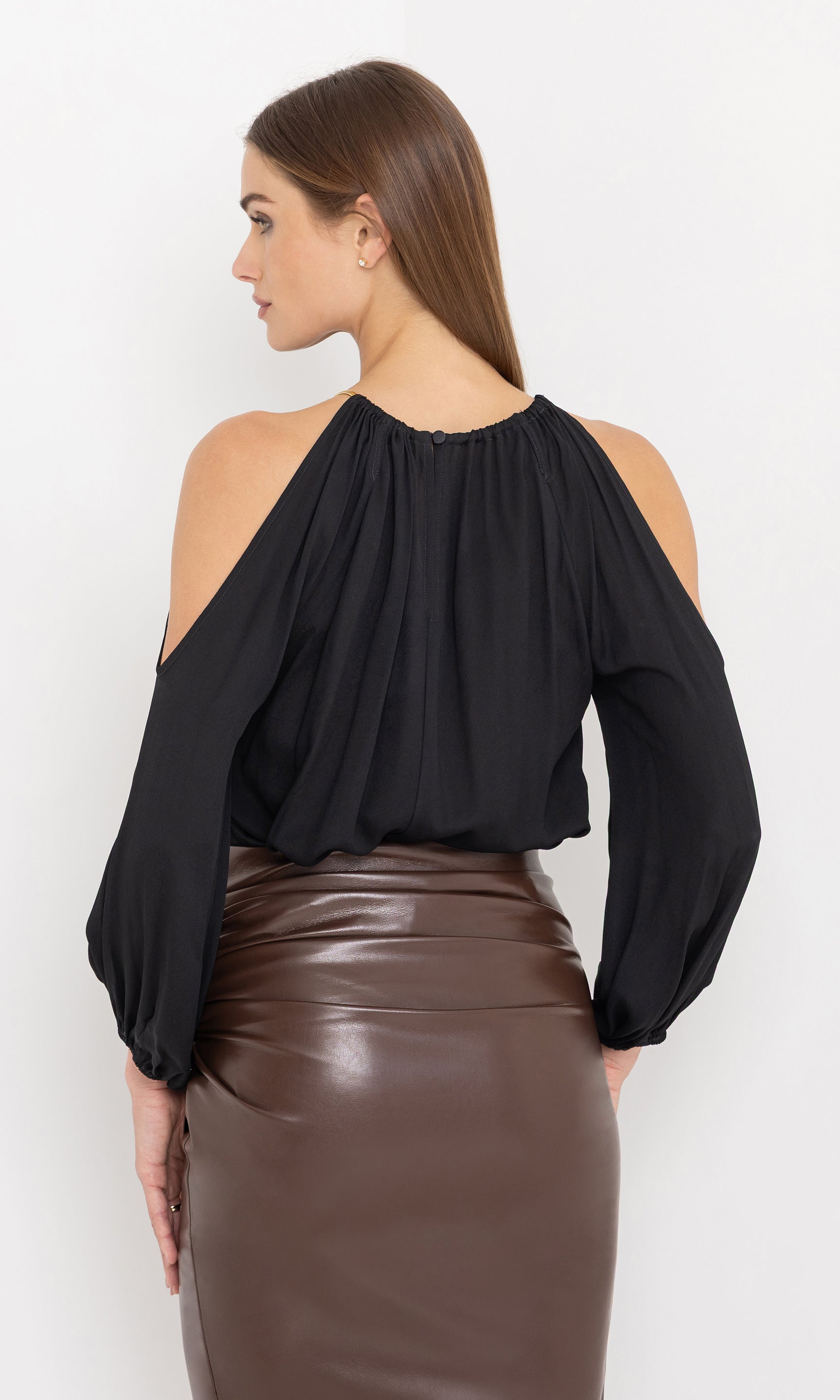 Back view of the adara blouse showing the relaxed fit.