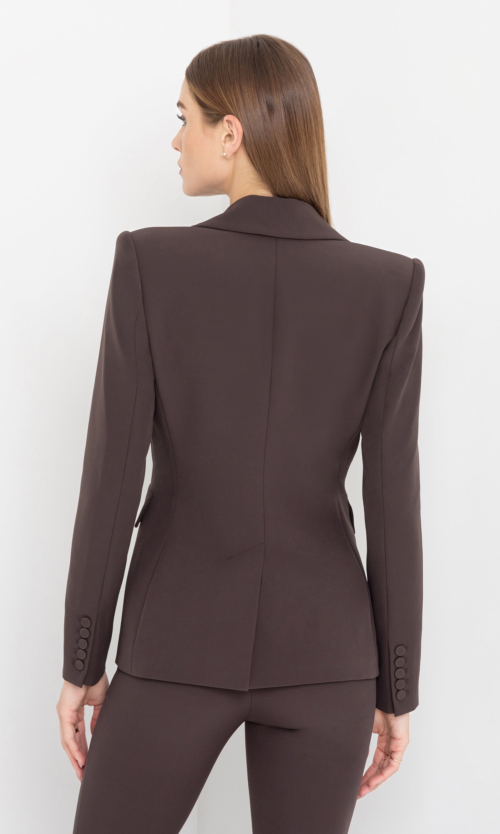 Back view of the aimee crepe blazer showing the strong shoulder lines.
