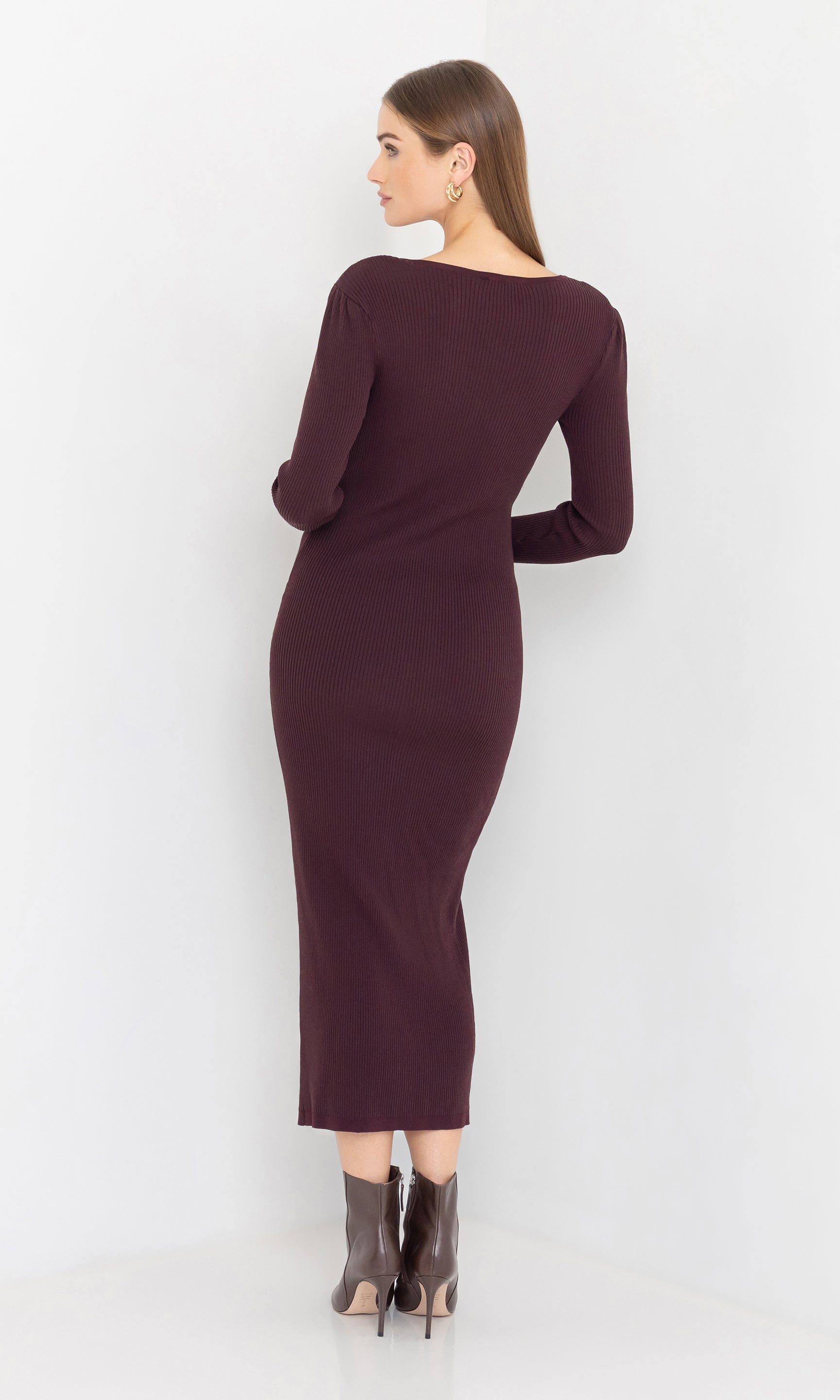 Back view of the andolina square neck dress showing the fitted silhouette.