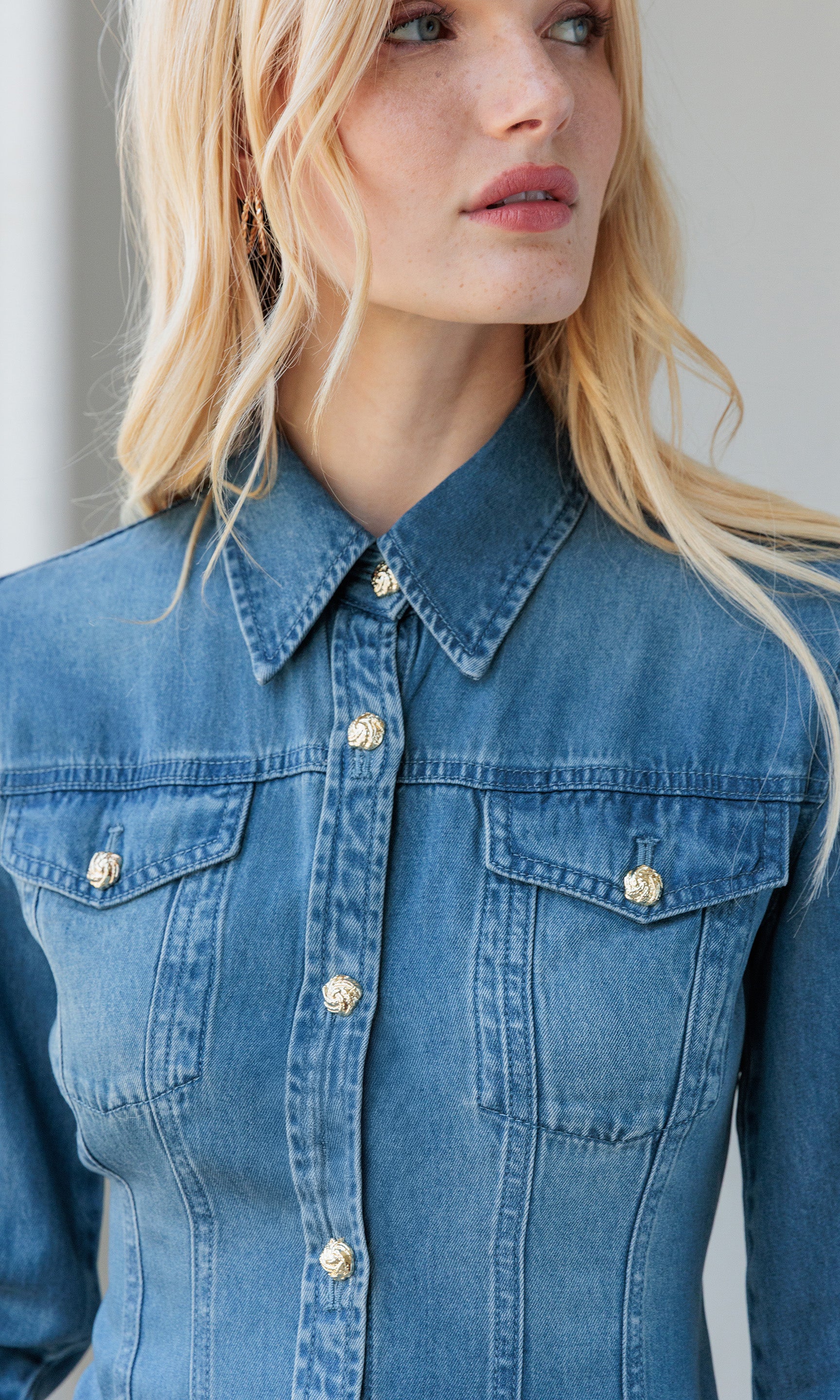 Close-up view highlighting the collar and chest pocket detailing on the Antoinette Denim Shirt.