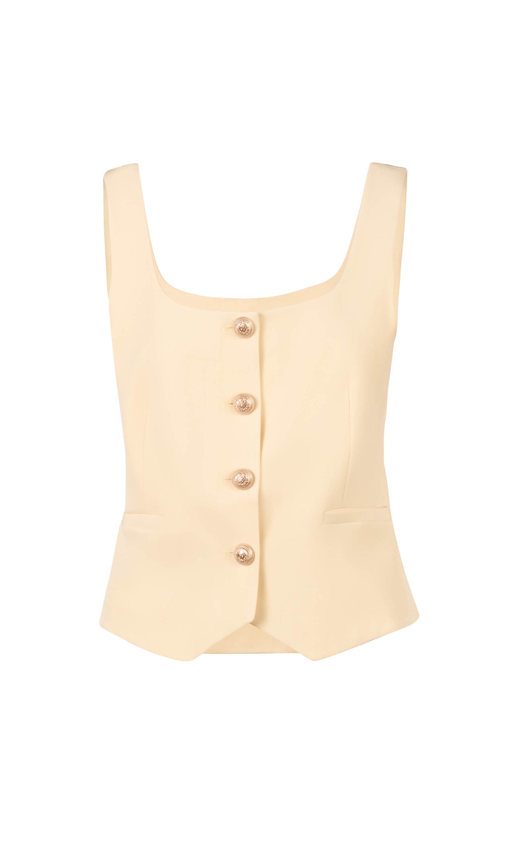 ghost image of the Beatriz Crepe Top in pastel yellow with gold buttons down the front