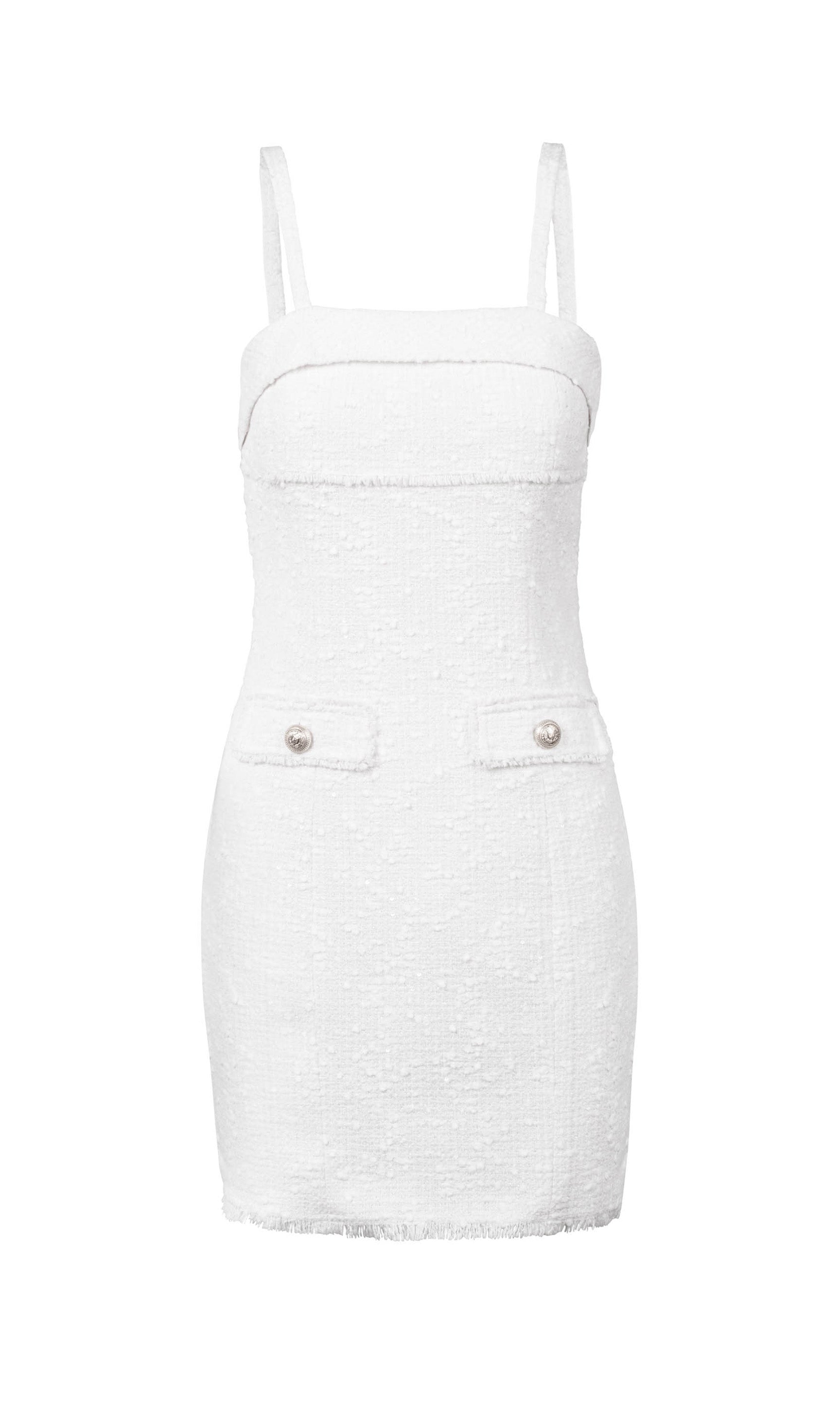 ghost image of the Bonnie Tweed Dress in white with white silver buttons on faux pockets in the front
