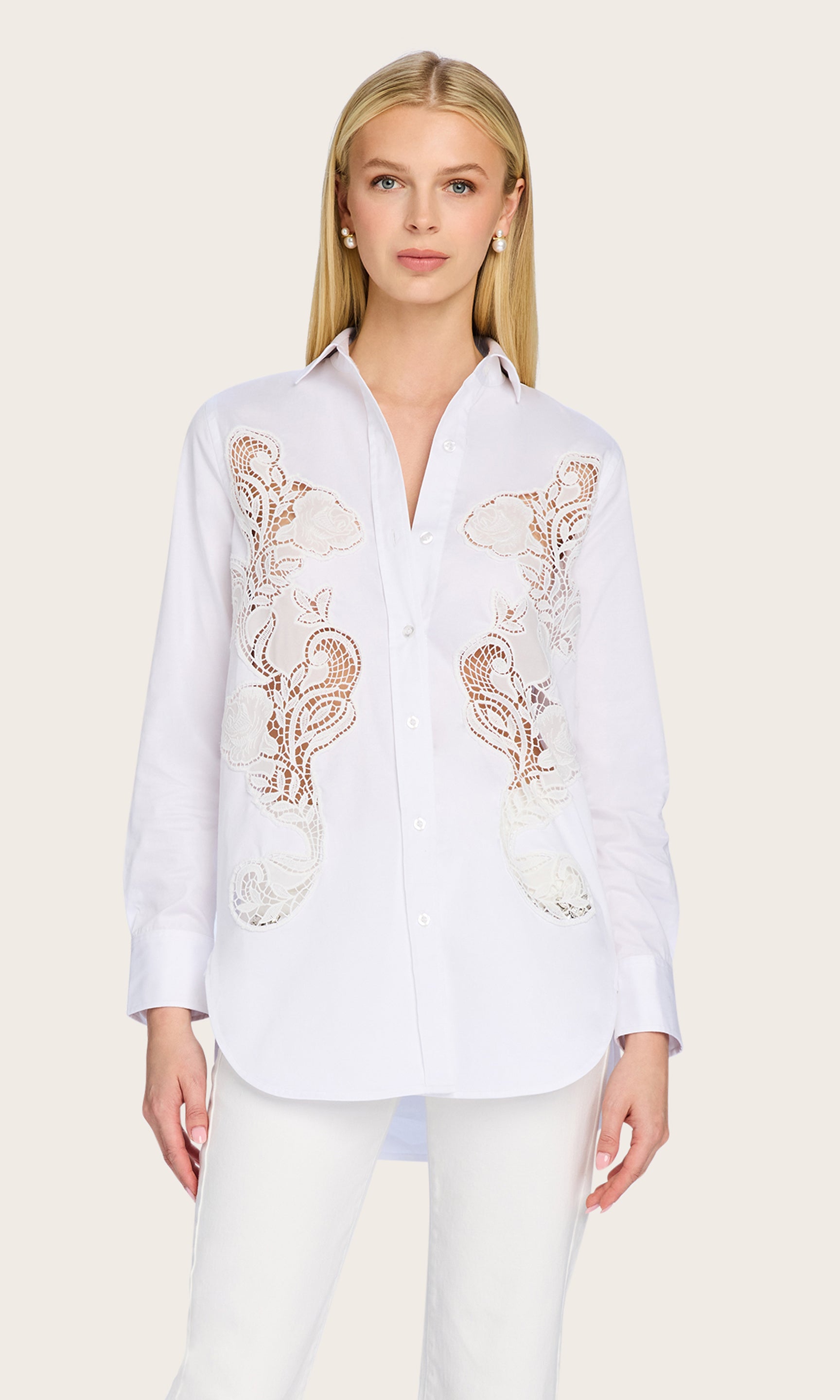 The model wears the Bruno Emb Poplin Shirt in a front-facing view, showcasing the bold embroidery and crisp cotton finish.