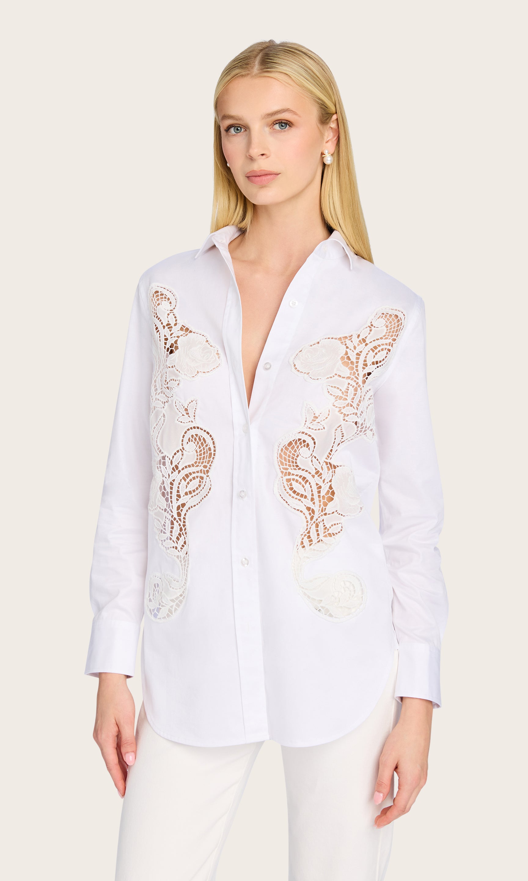 Another front view of the model in the Bruno Emb Poplin Shirt captures the structured collar and embroidered flourishes along the chest.