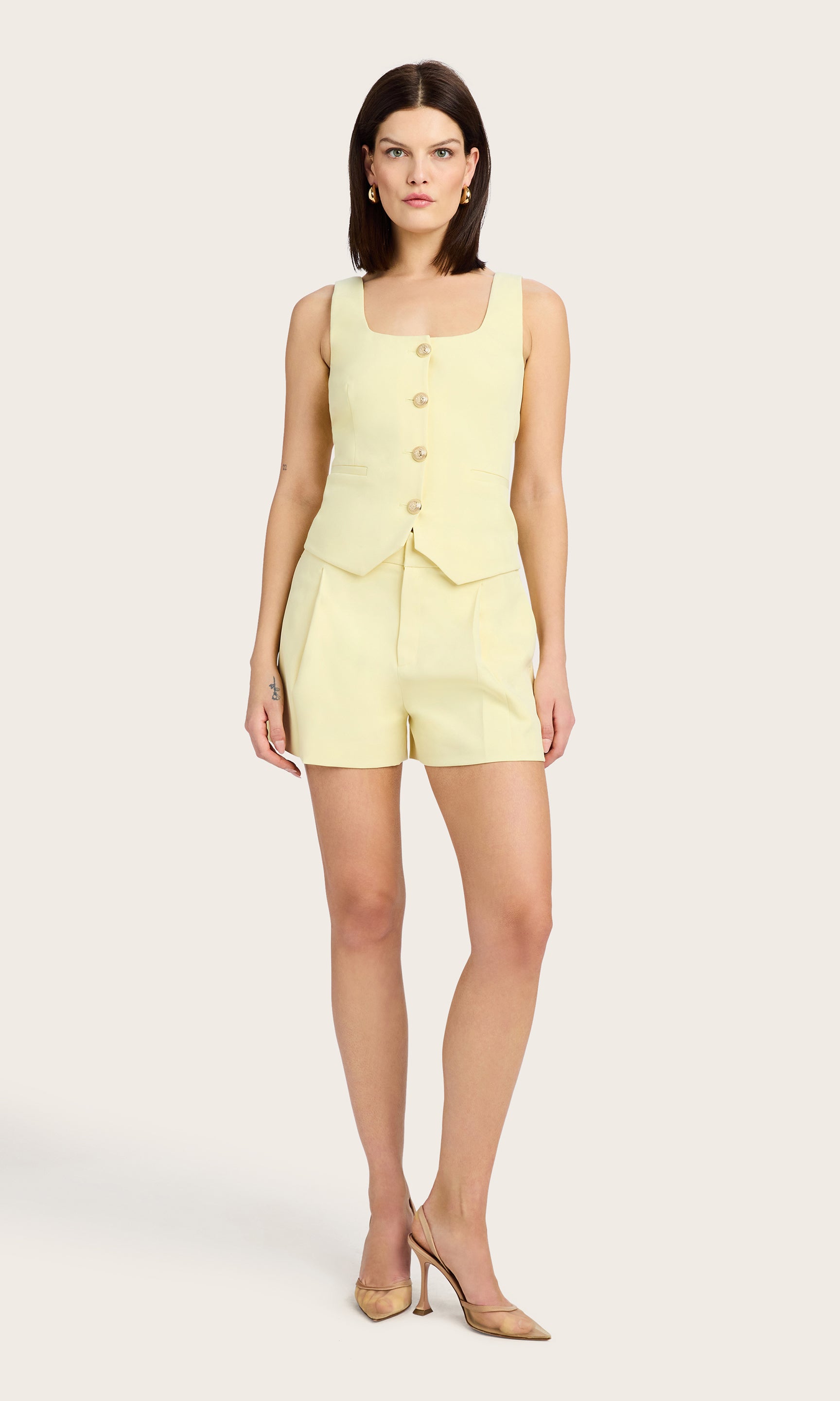 Full body view of the Beatriz Crepe Top styled with matching shorts and open-toe heels for a polished summer look.