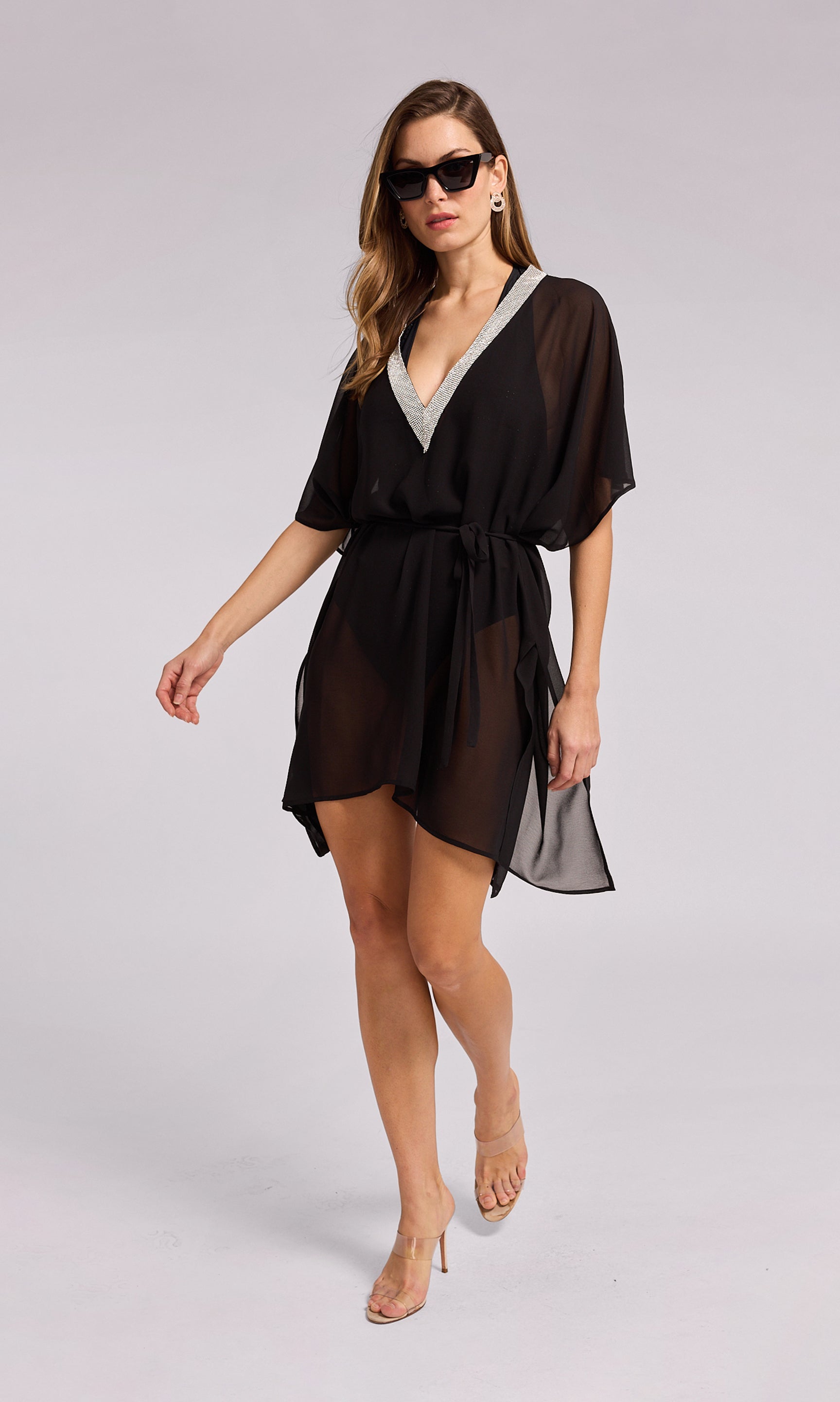 Bria Crystal black sheer cover-up dress, perfect for layering with a lightweight and elegant design.