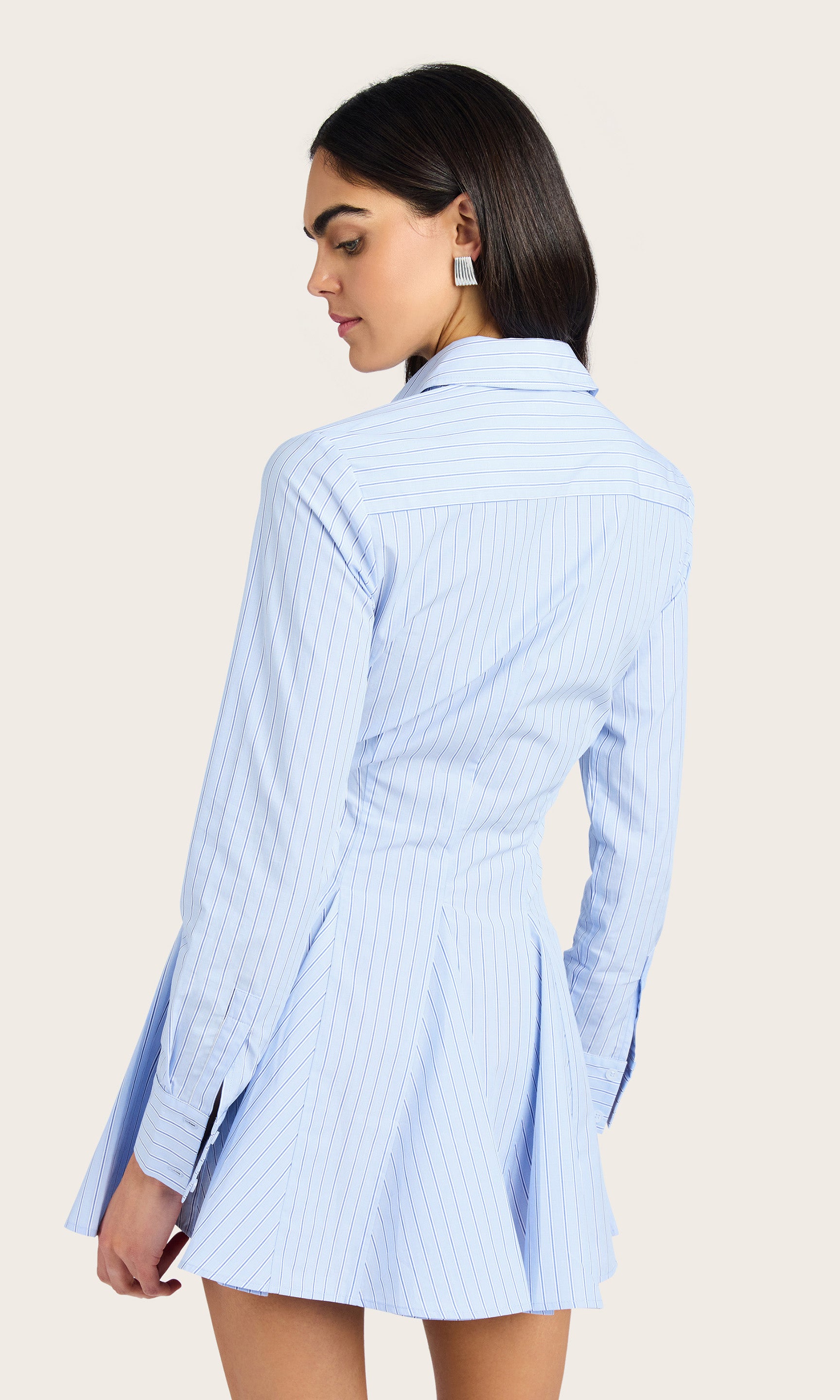 Rear view of the model in the Clemente Pinstripe Poplin Dress emphasizing the back pleats and overall fit.