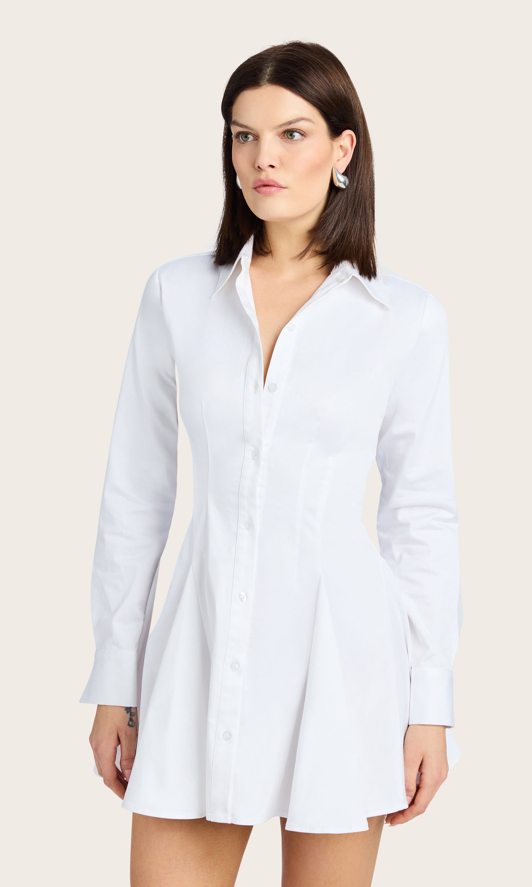 Studio front view of the Clemente Cotton Sateen Dress worn by the model against a light background.
