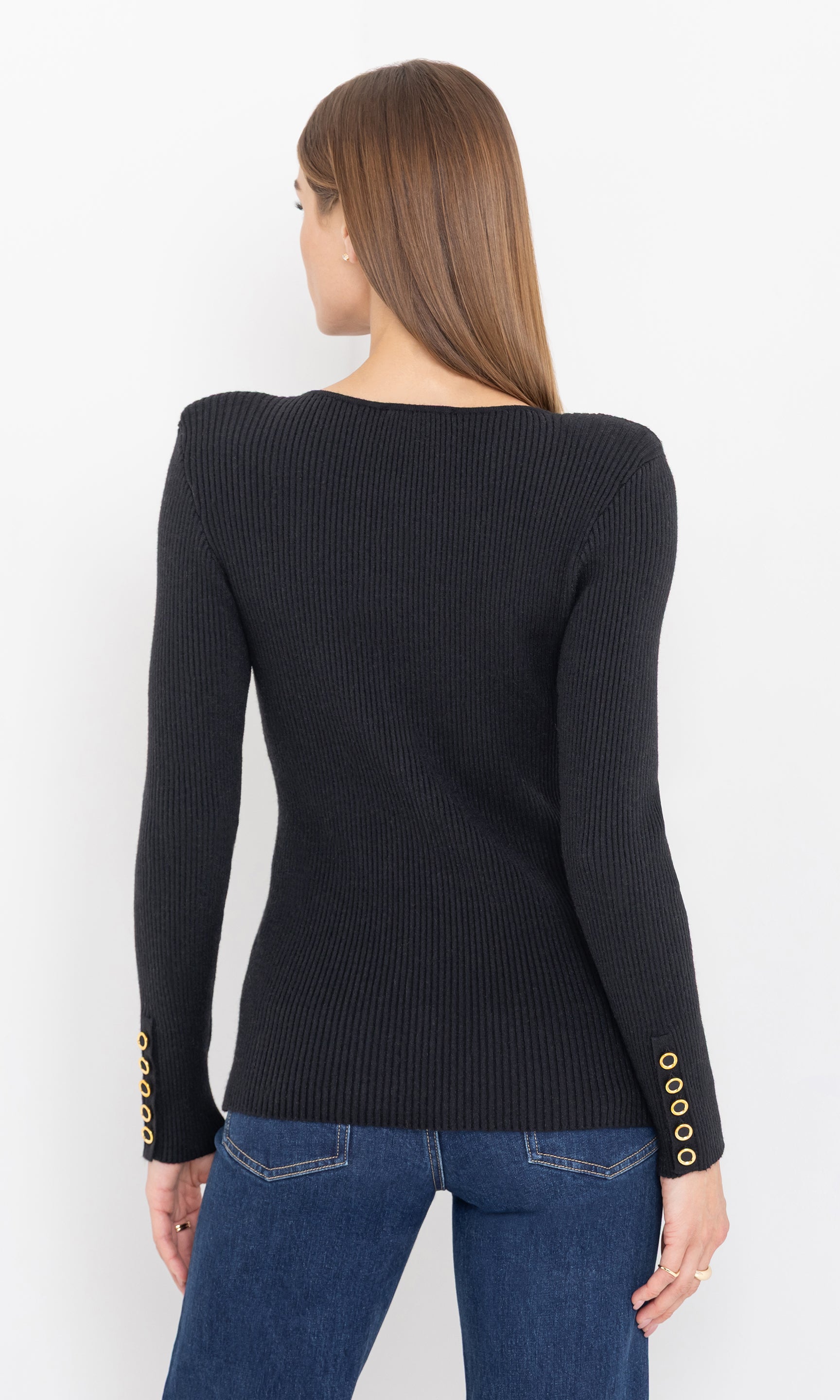 Back view of the cherish rib cardigan showing the slim fit.