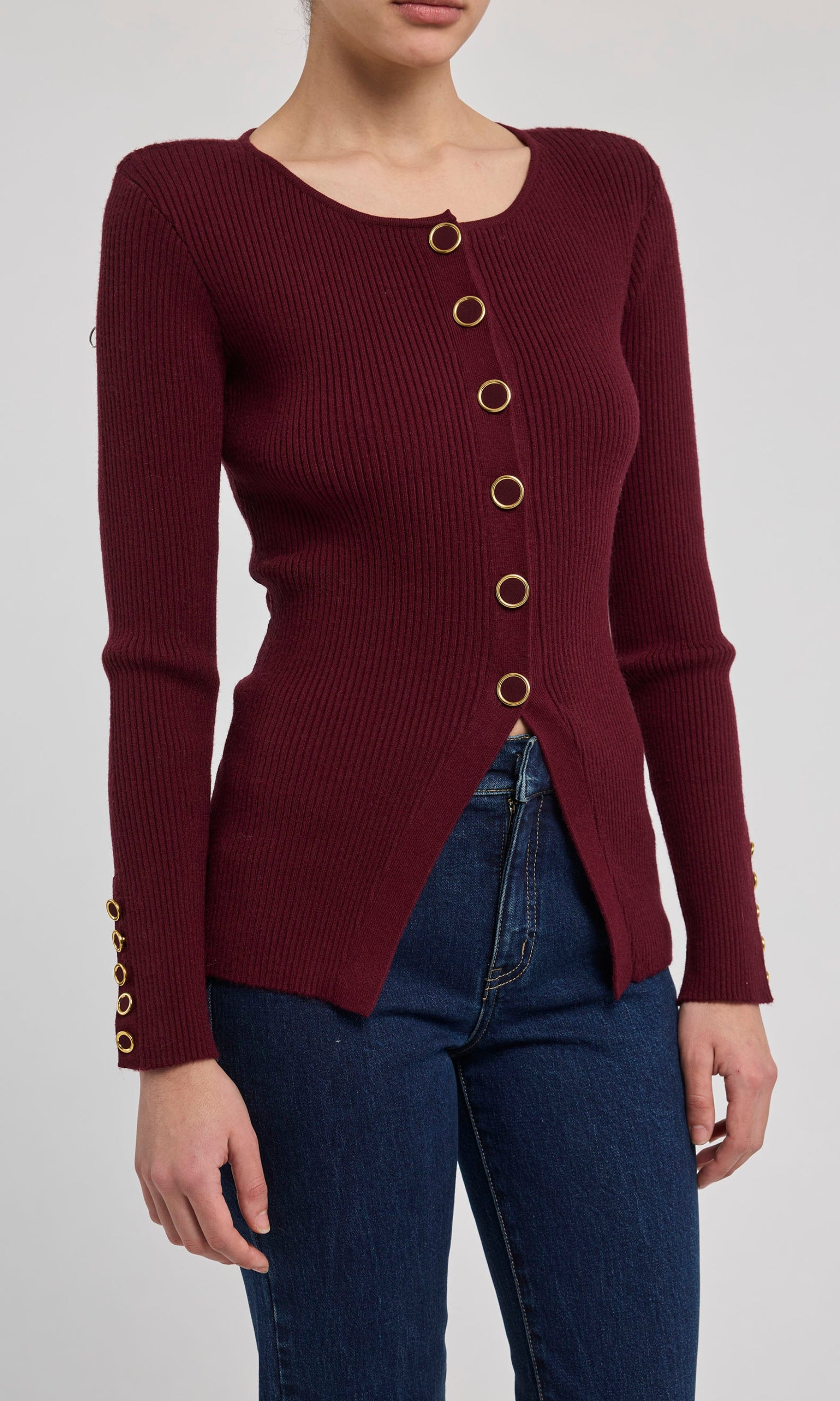 Malbec sweater on model with blue jeans