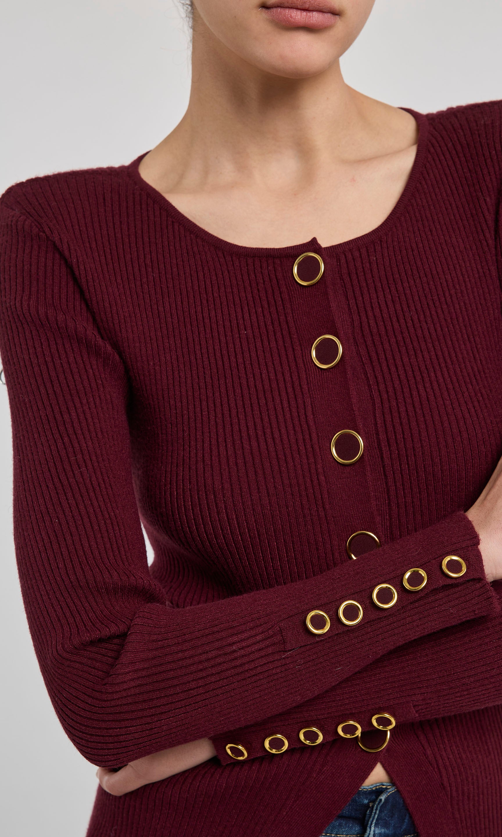 Malbec sweater on model with blue jeans