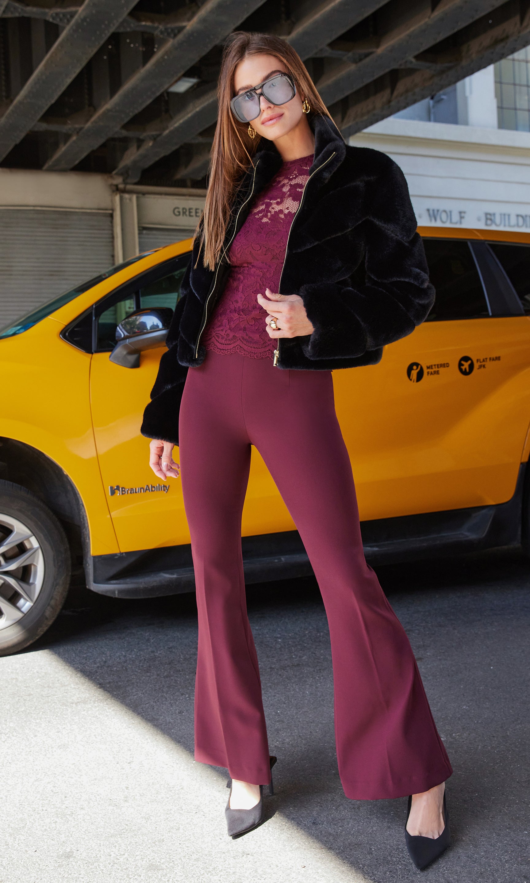Standing pose showcasing the flared silhouette and fluid drape of the Wesley Crepe Pants.