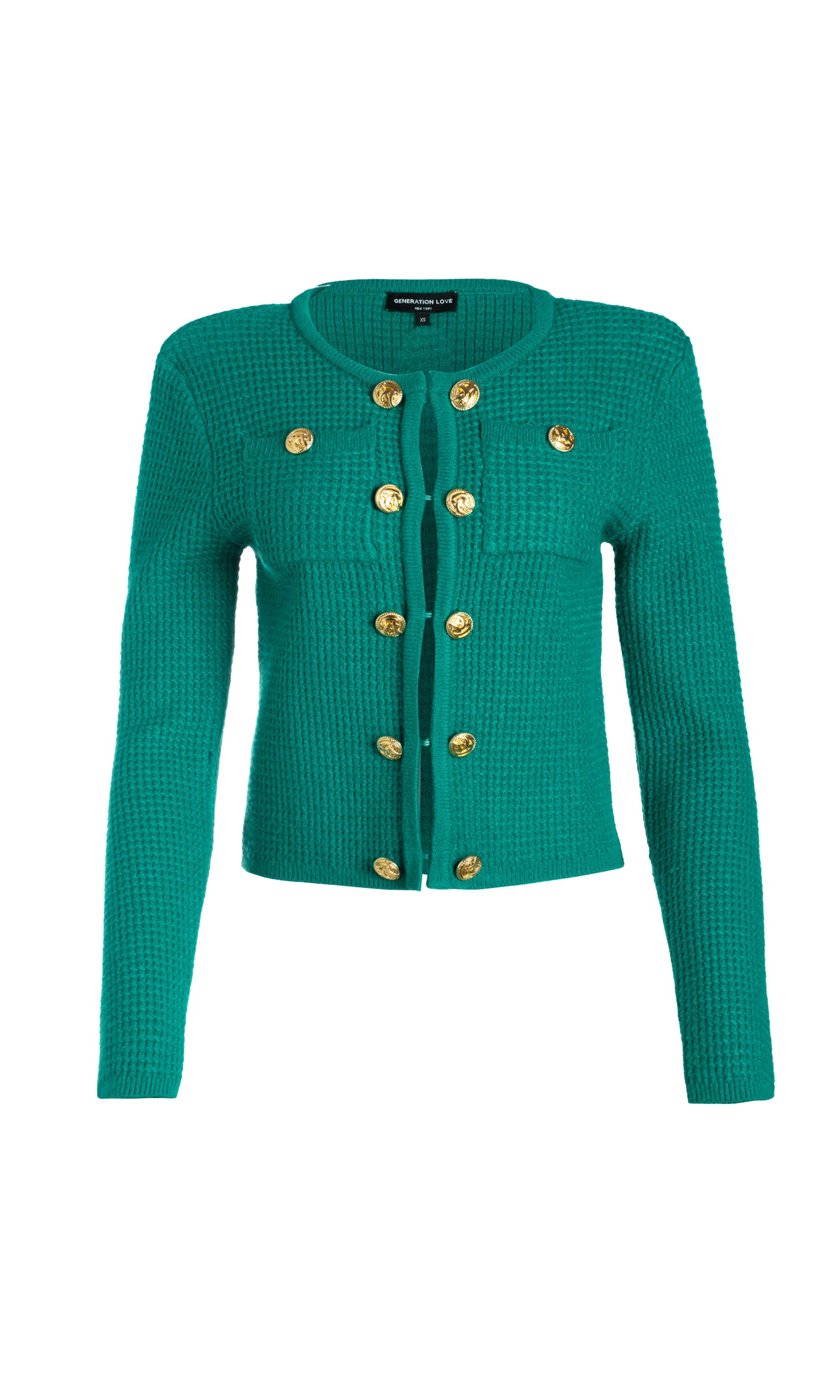 topaz-colored waffle-knit cardigan with gold hook-and-eye front closures