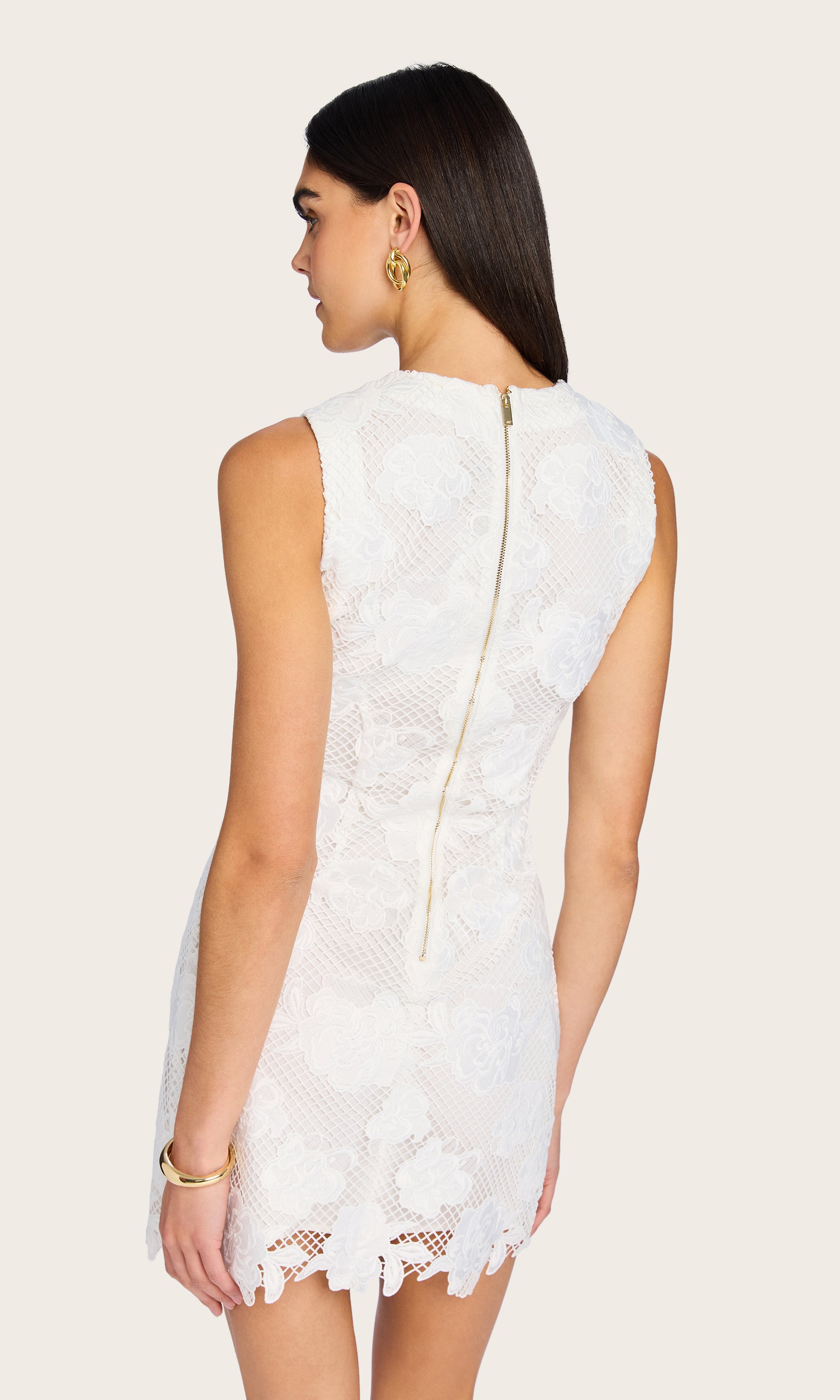 Rear view of the Dania Flower Mesh Shift Dress focusing on the straight mini silhouette and seamless zipper closure.