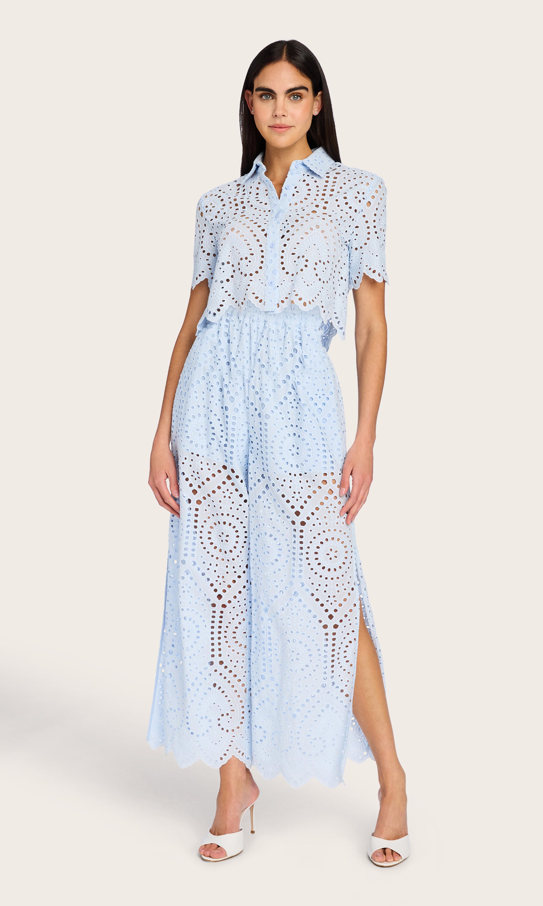 Full-body front view of the pants styled with the matching top, highlighting their breezy fit