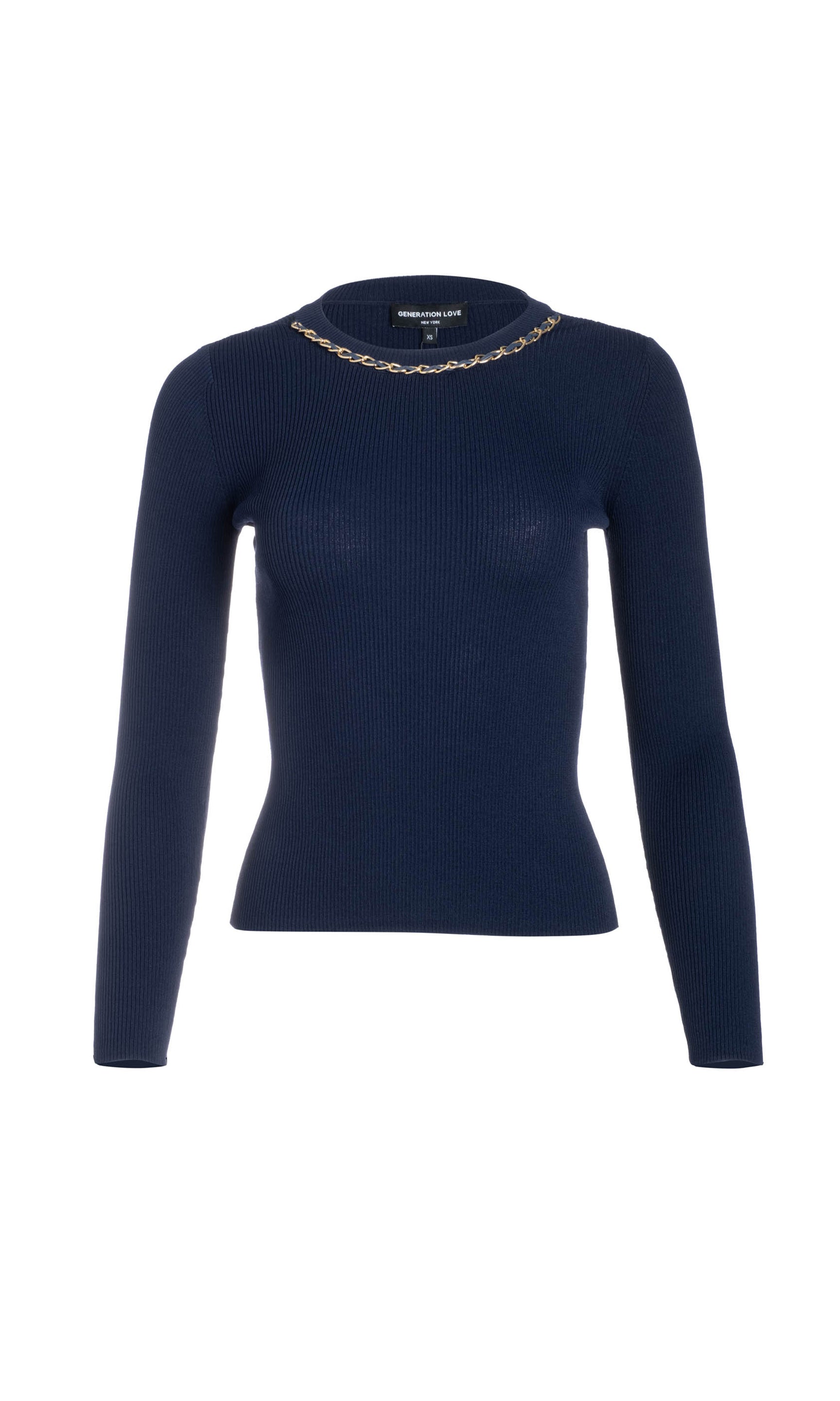 navy sweater with gold chain details