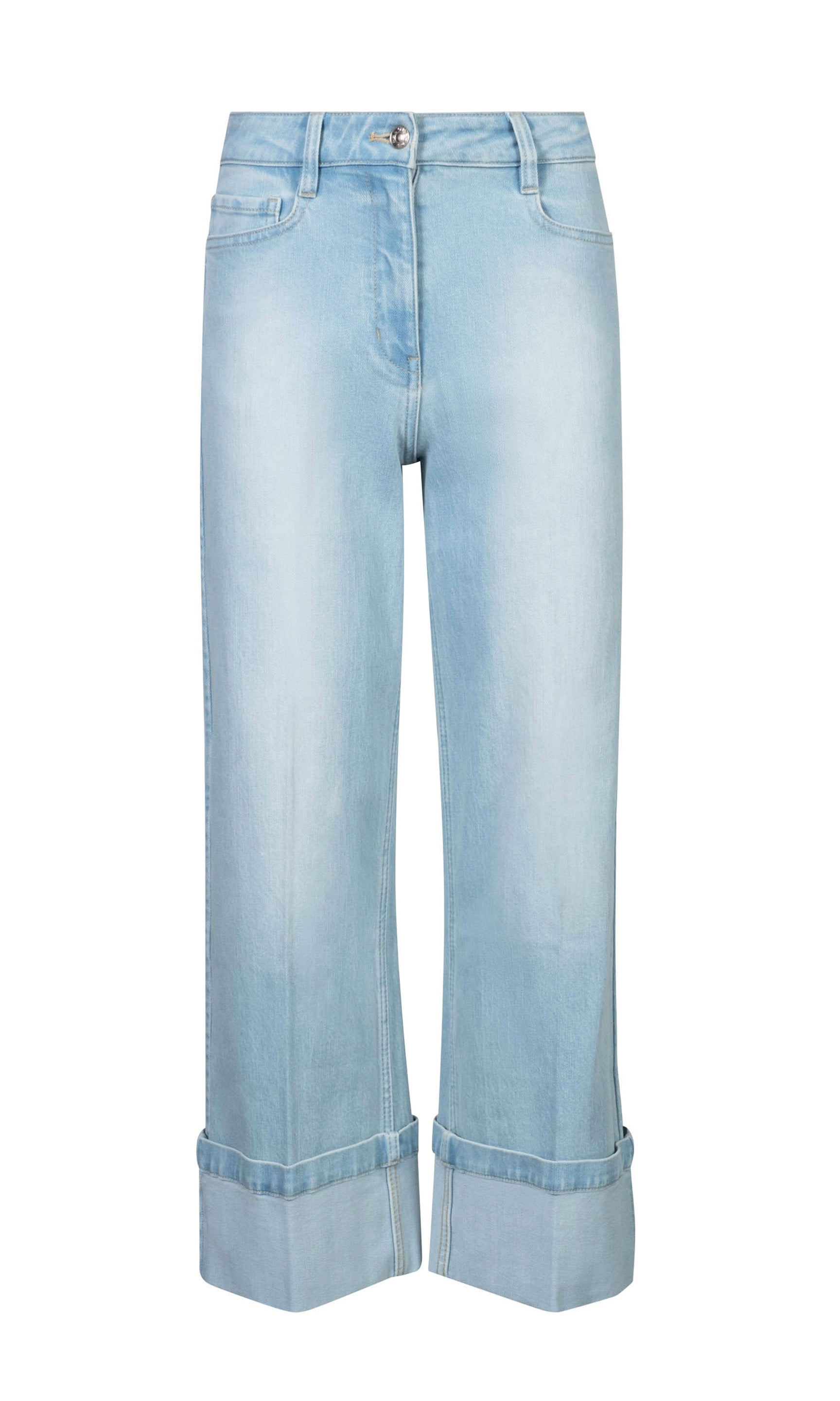 A flat ghost image of the Eros Denim Pant showcases its wide-leg shape, cropped length, and clean tailoring from waistband to hem.