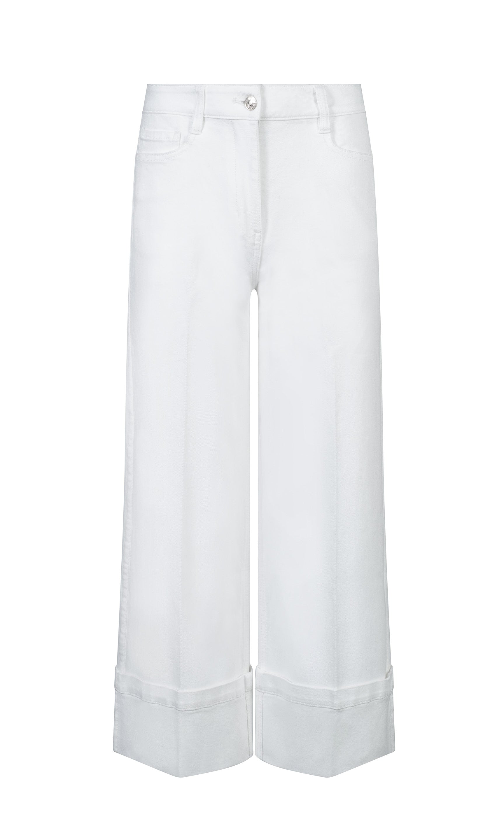 A flat lay image of the Eros Denim Pant displays the crisp tailoring and exaggerated wide-leg cut with a prominent cuff at the hem.