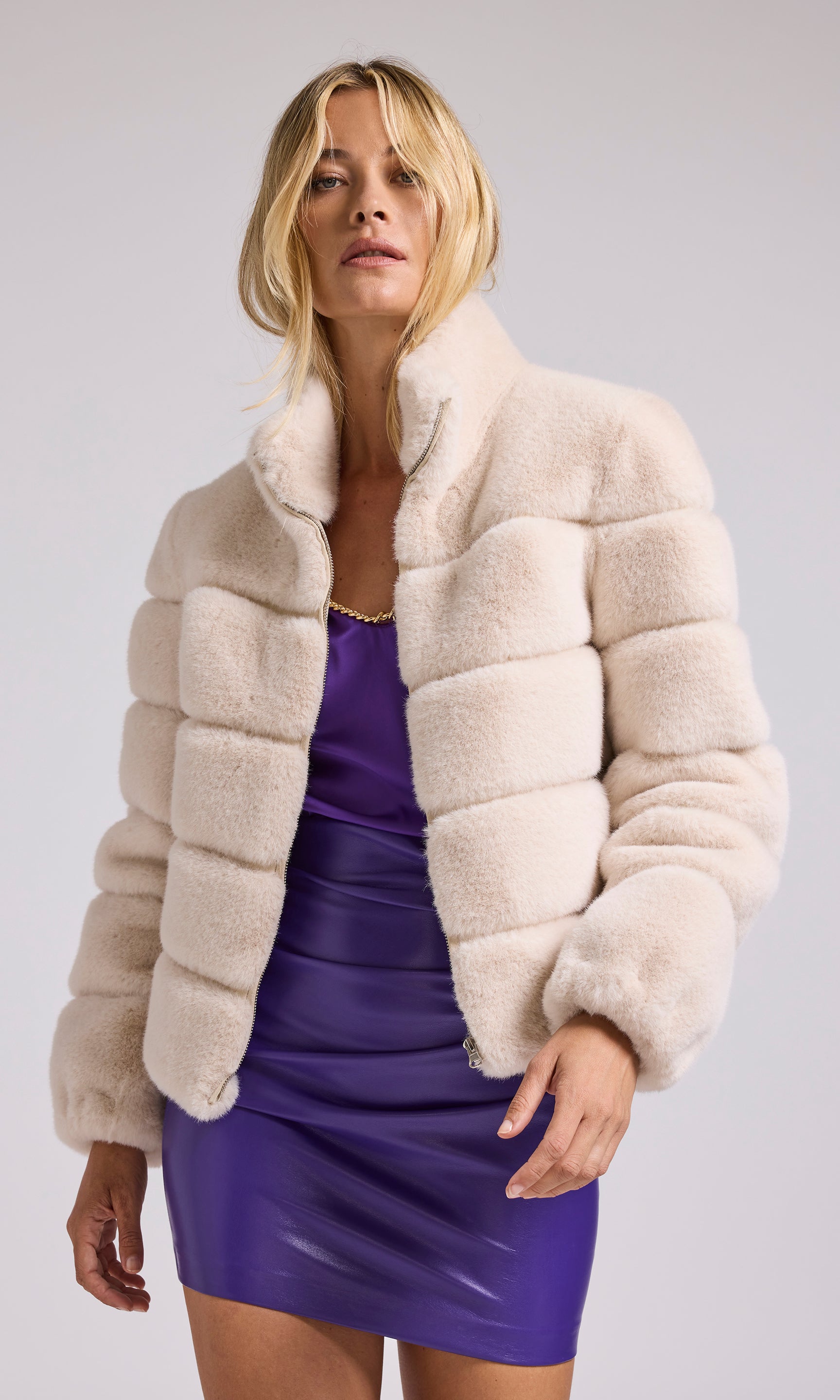 Faux Fur Jacket - Beige - Ladies