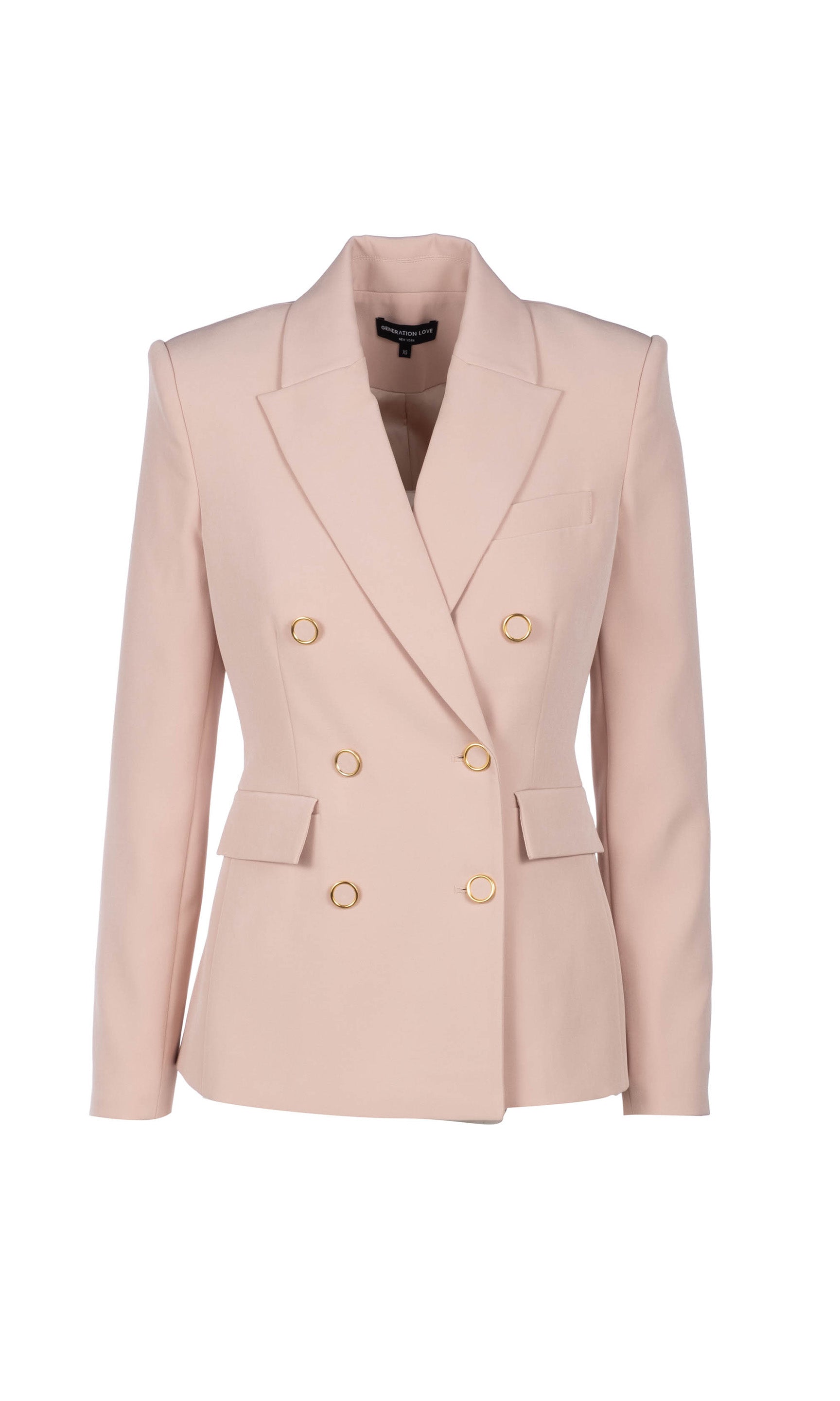Flat image of the Arielle crepe blazer in latte with gold rimmed buttons on the front