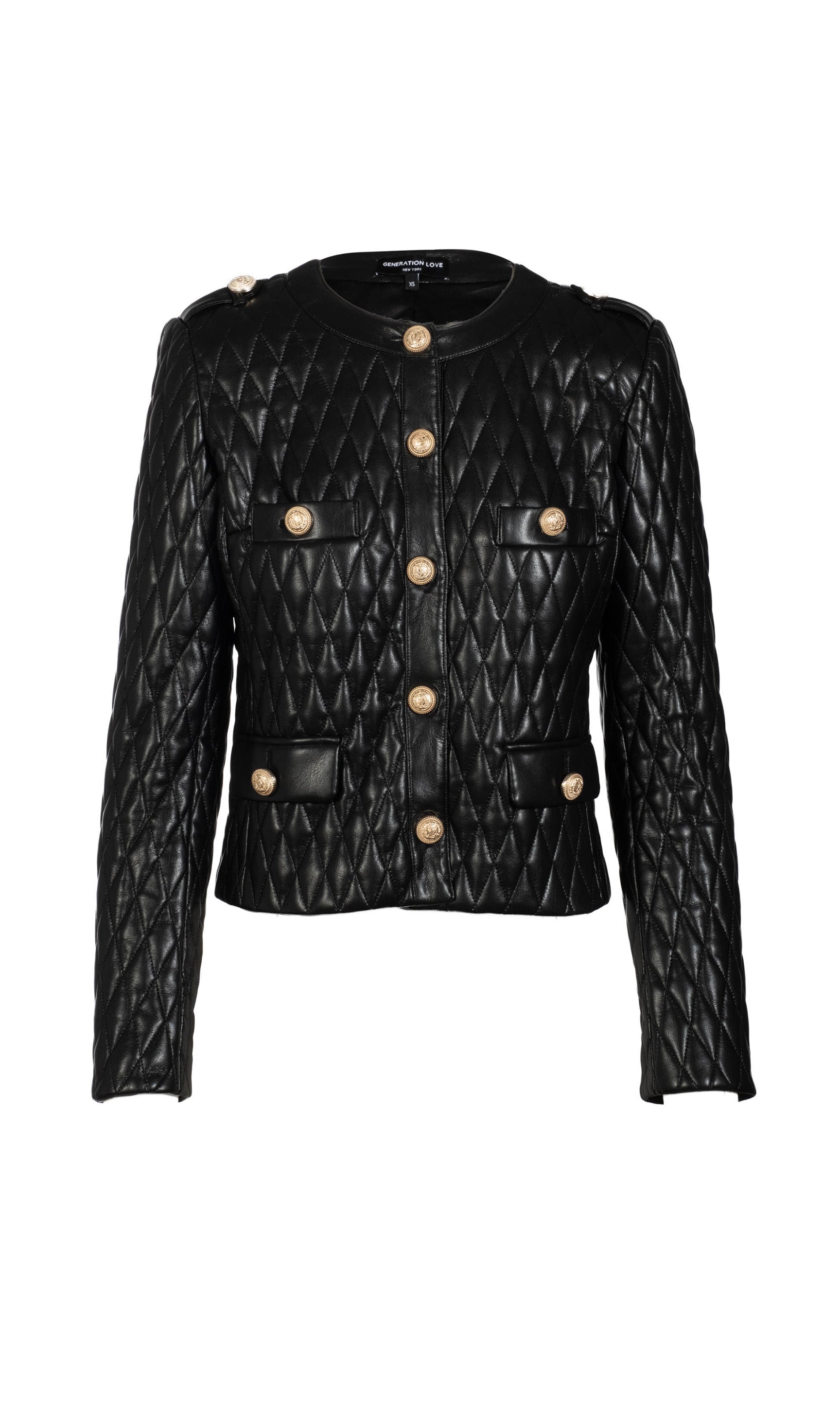 Black quilted vegan leather jacket with gold buttons on a white background