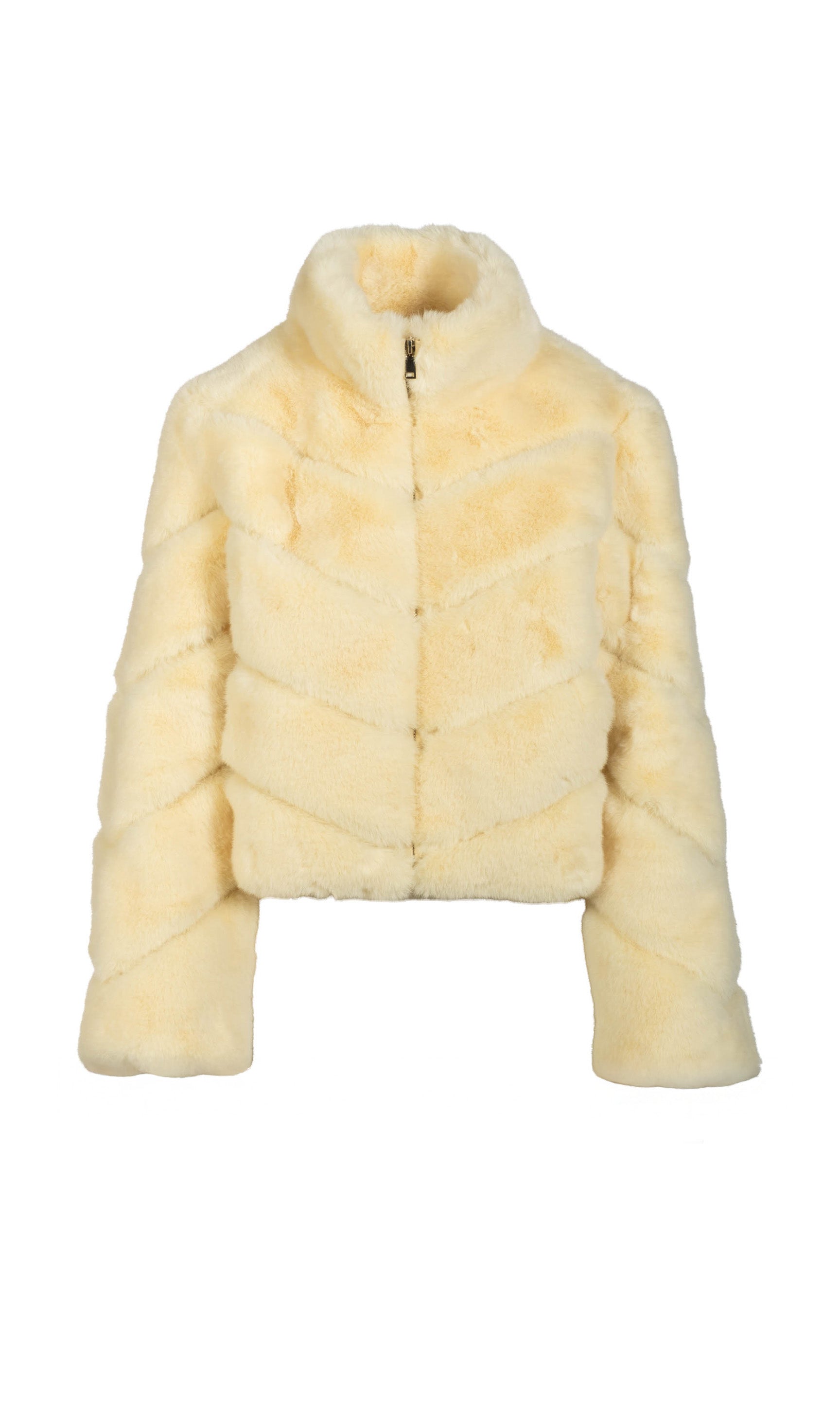 Pastel yellow faux fur jacket on a white background