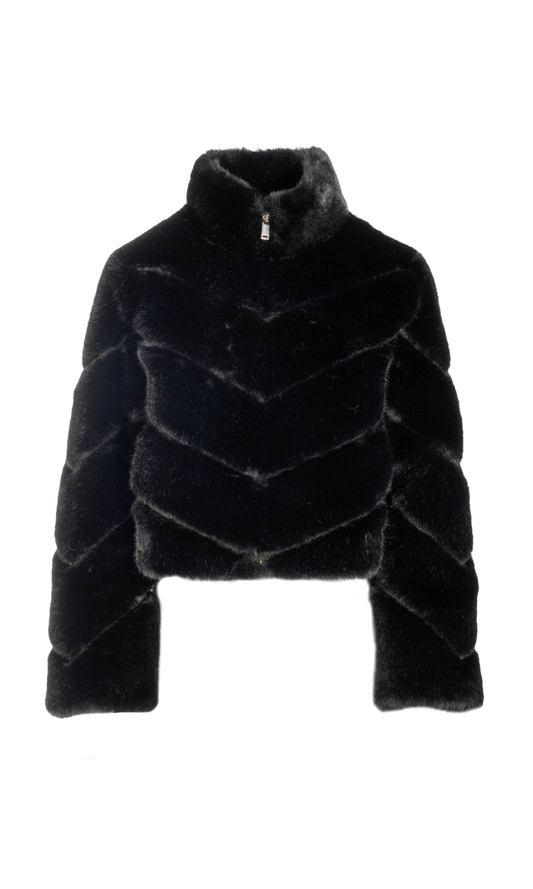 Black faux fur jacket on a white background