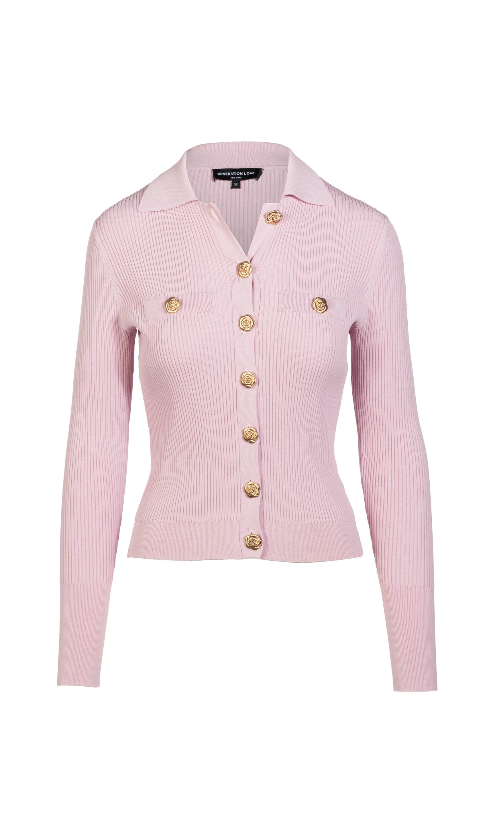Pink ribbed cardigan with gold buttons on a white background