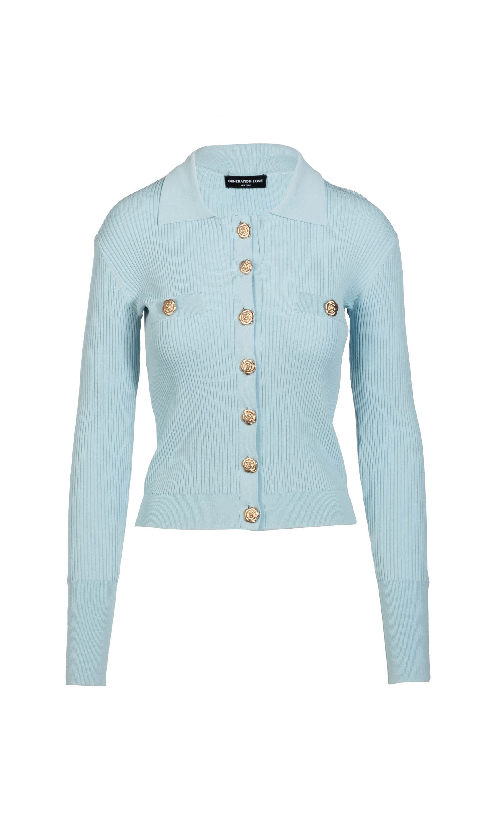 Light blue ribbed knit cardigan with gold buttons on a white background