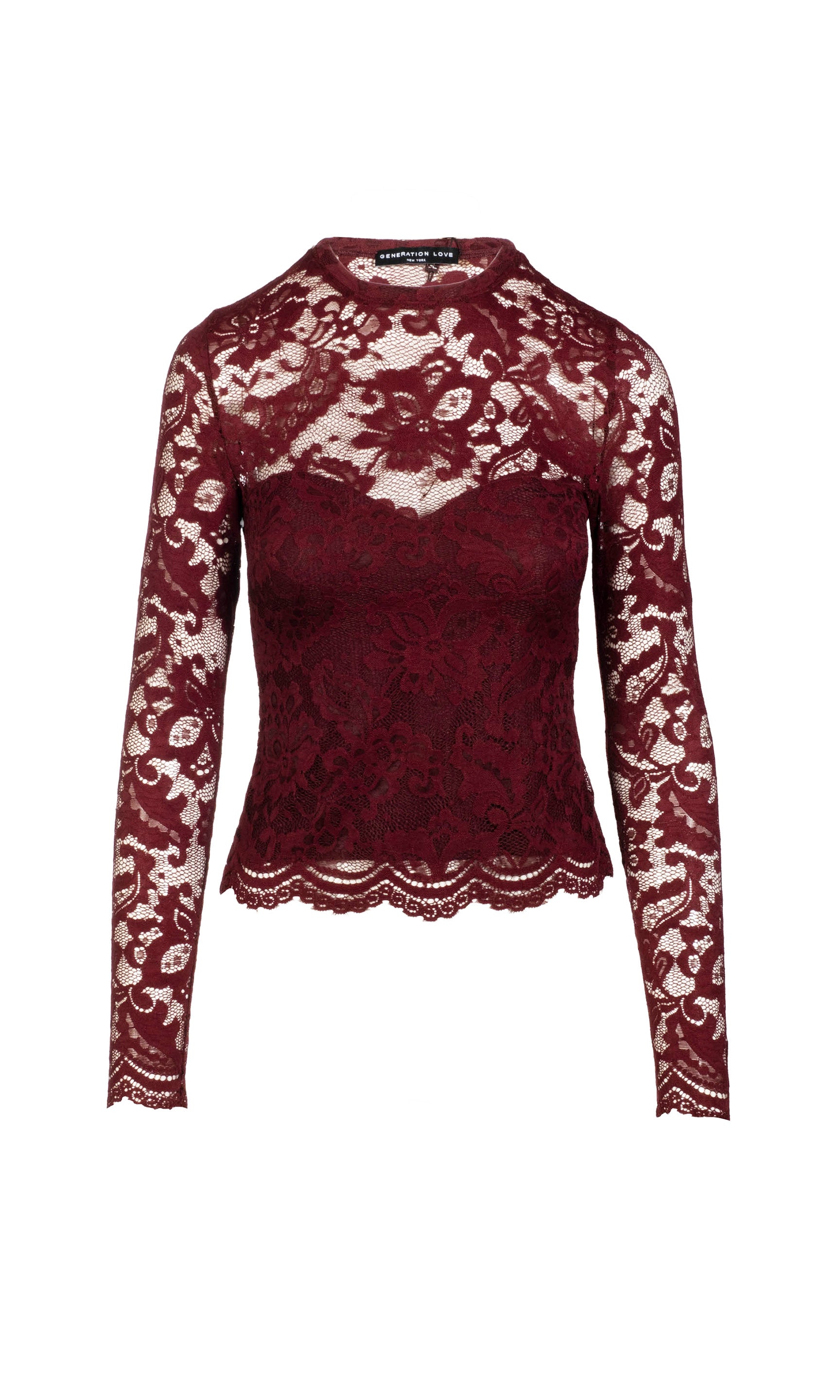 Burgundy lace top on a white background
