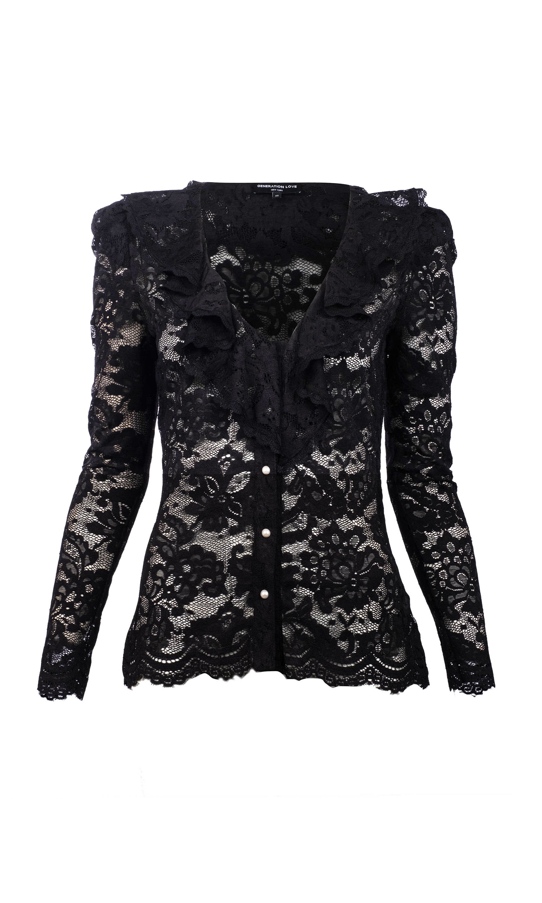 Flat image of the Corsa Lace Top in black with small pearl buttons down the front and a ruffled neckline