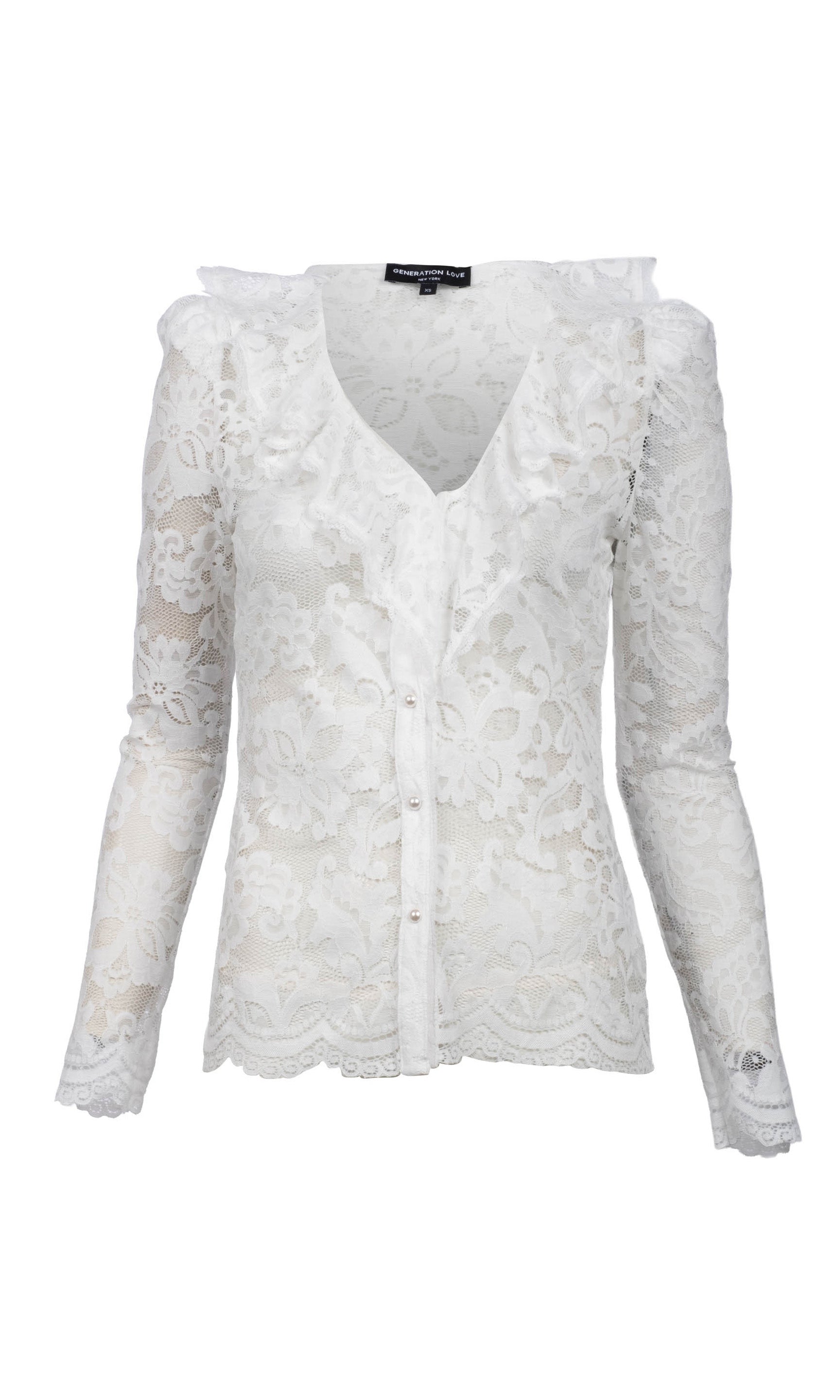Flat image of the Corsa Lace Top in white with small pearl buttons down the front and a ruffled neckline