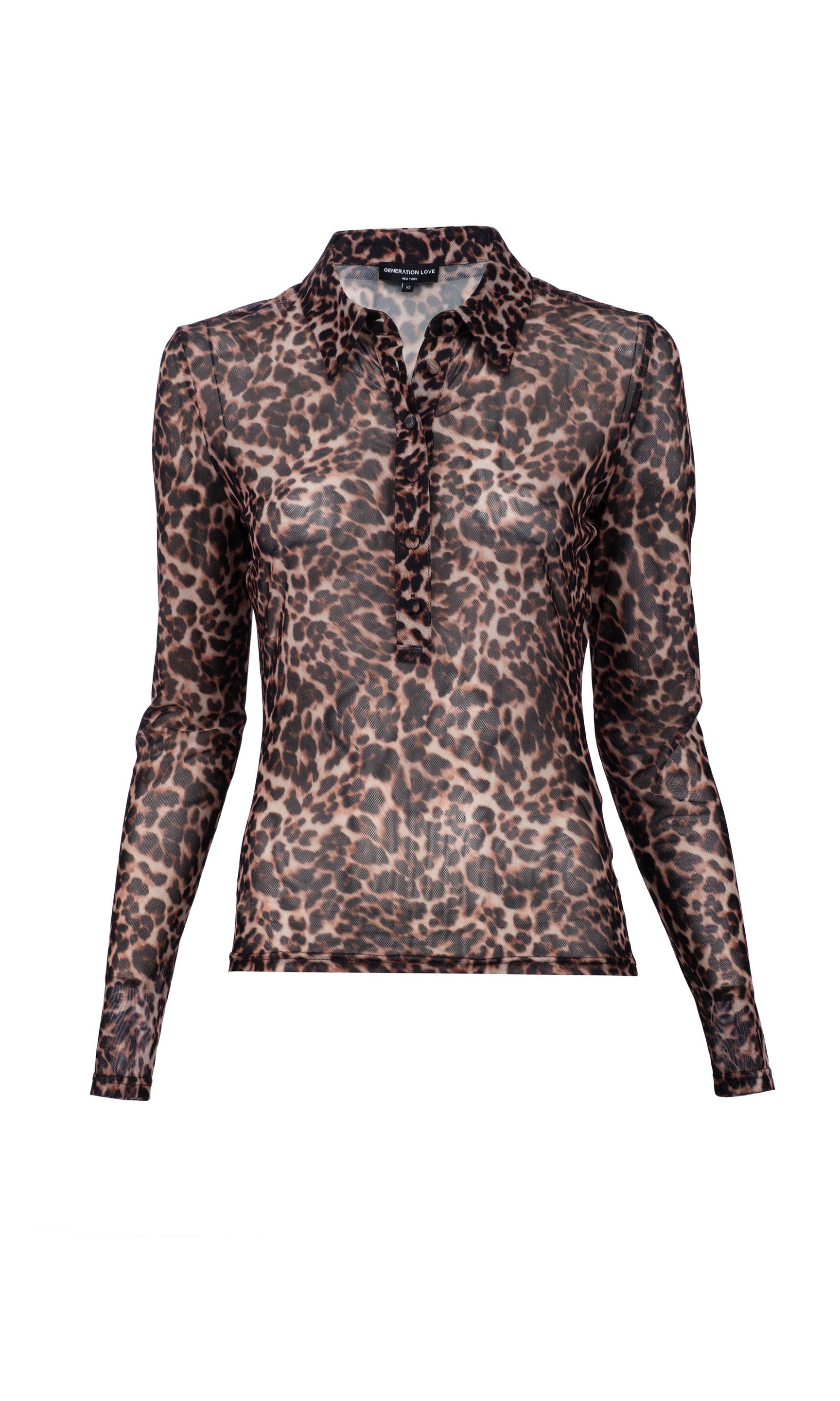 Flat image of the Dominique mesh blouse in a leopard print