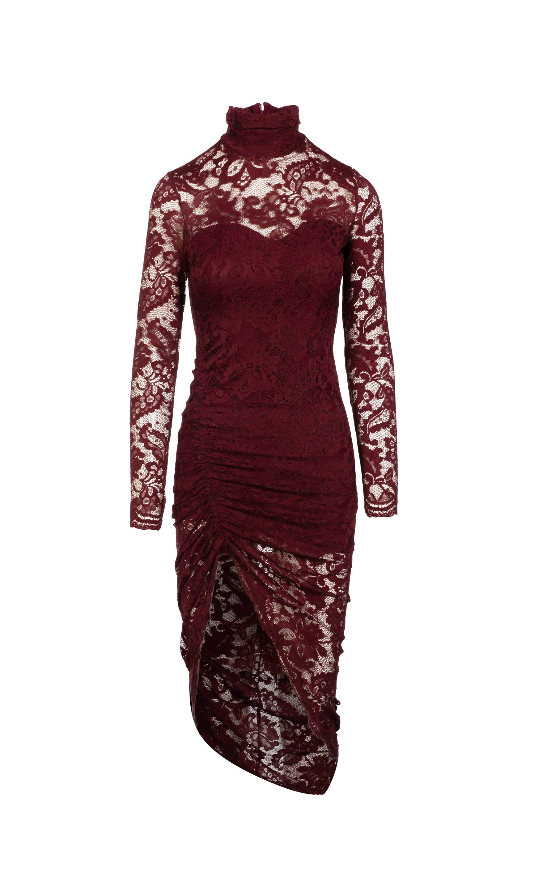 Burgundy lace dress with long sleeves on a white background