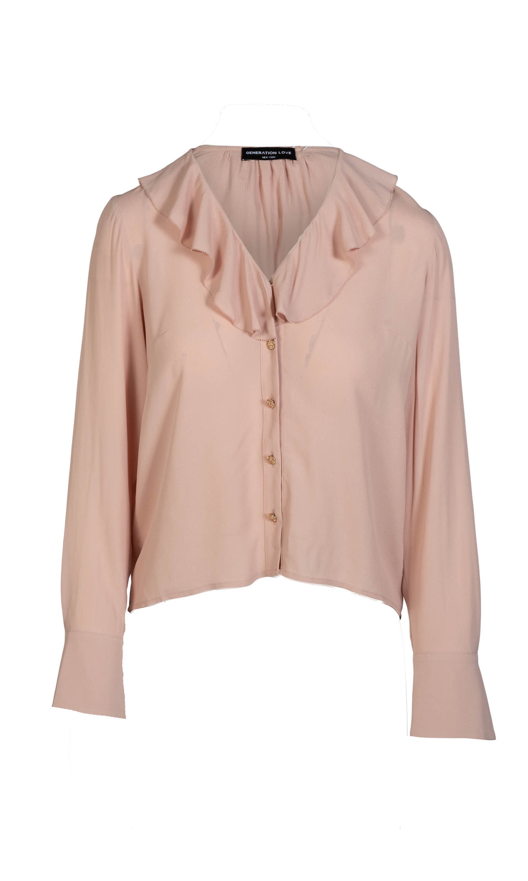 Pink blouse with ruffled collar on a white background