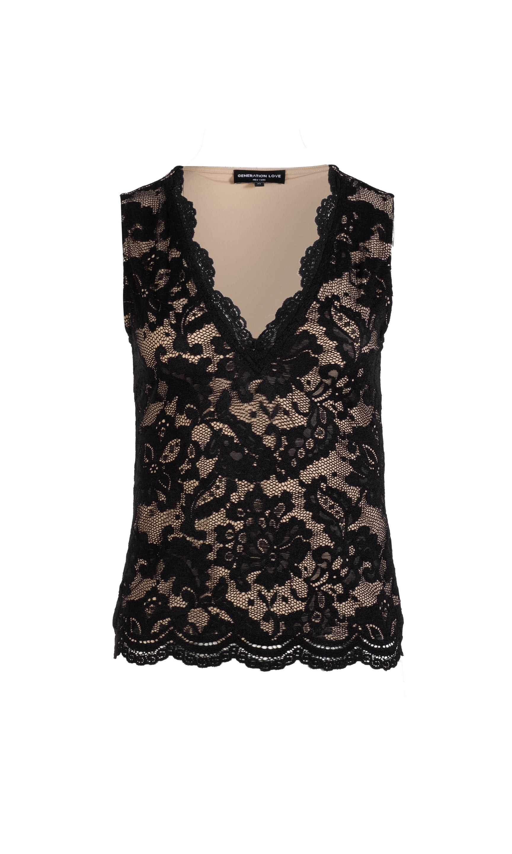 Flat image of the Leila stretch lace tank in black on a white background