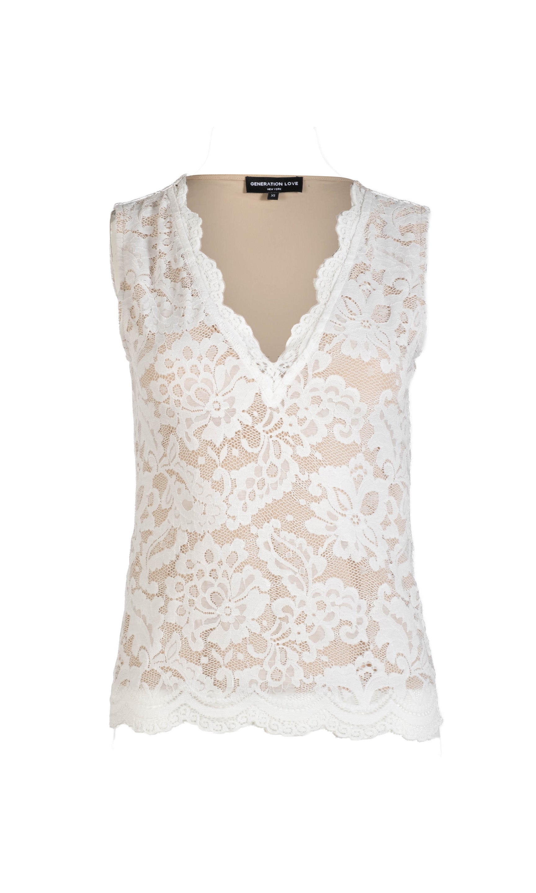 Flat image of the Leila stretch lace tank in white on a white background