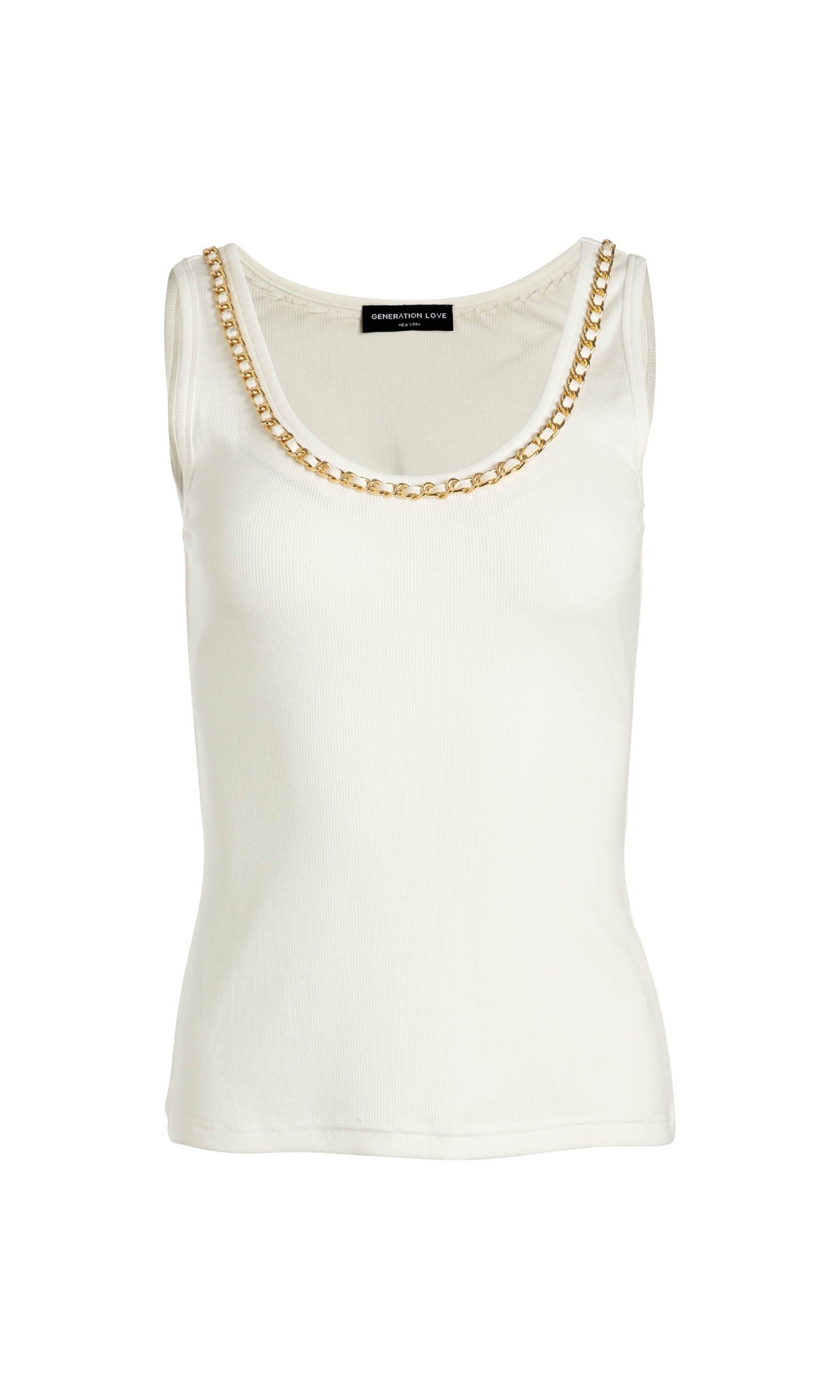 flat image of the Mabel white tank top with gold chain details on the neckline on a white background