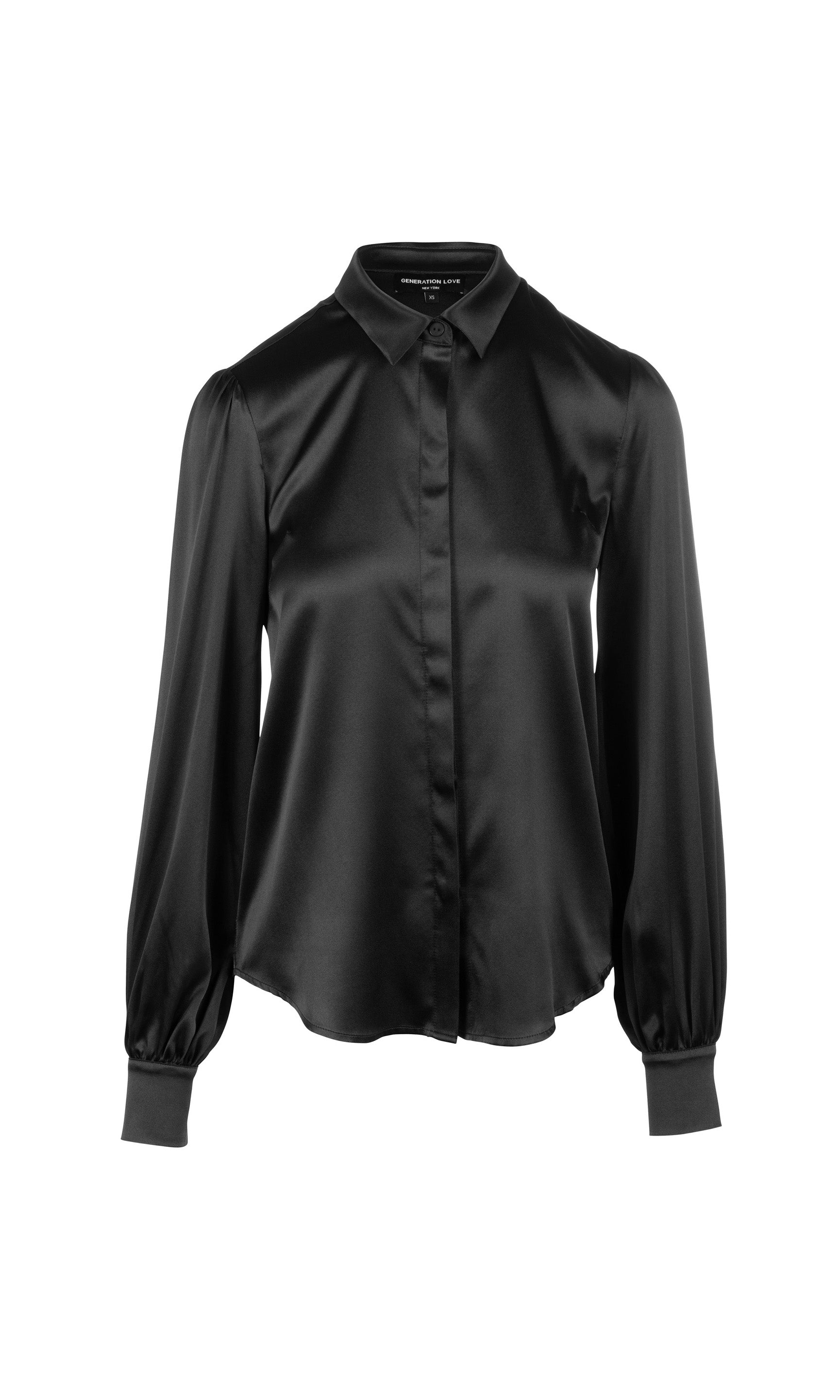 Flat image of the Maxwell silk blouse button-up in black on a white background