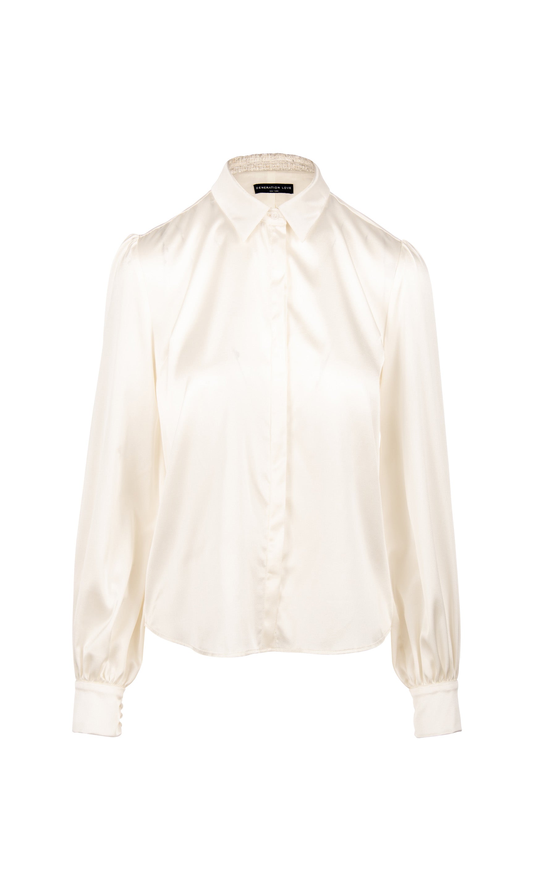 Flat image of the Maxwell silk button-up blouse in white on a white background