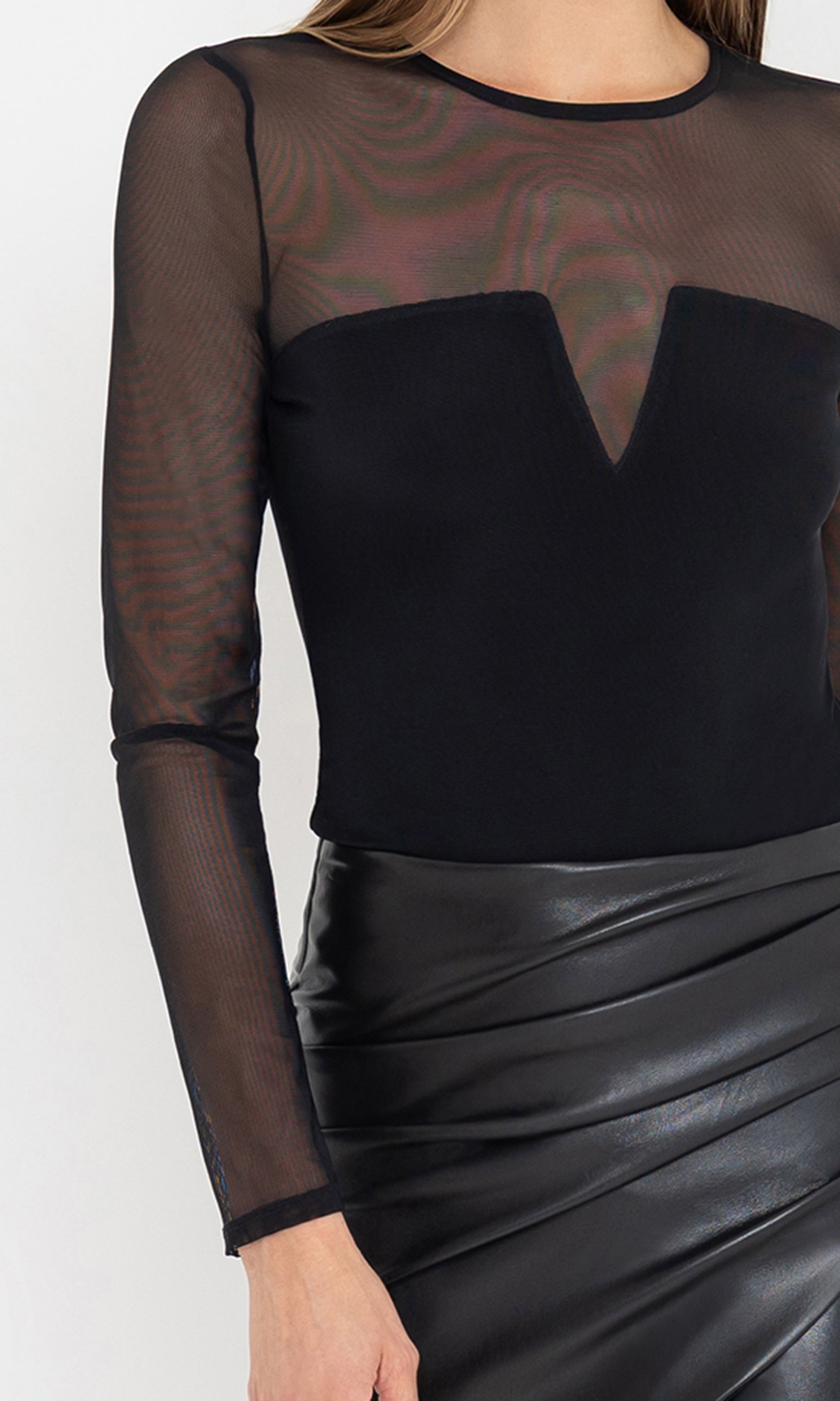 Close-up front view of the Mayer Mesh Bodysuit showing the contrast between the mesh panel and solid bodice.