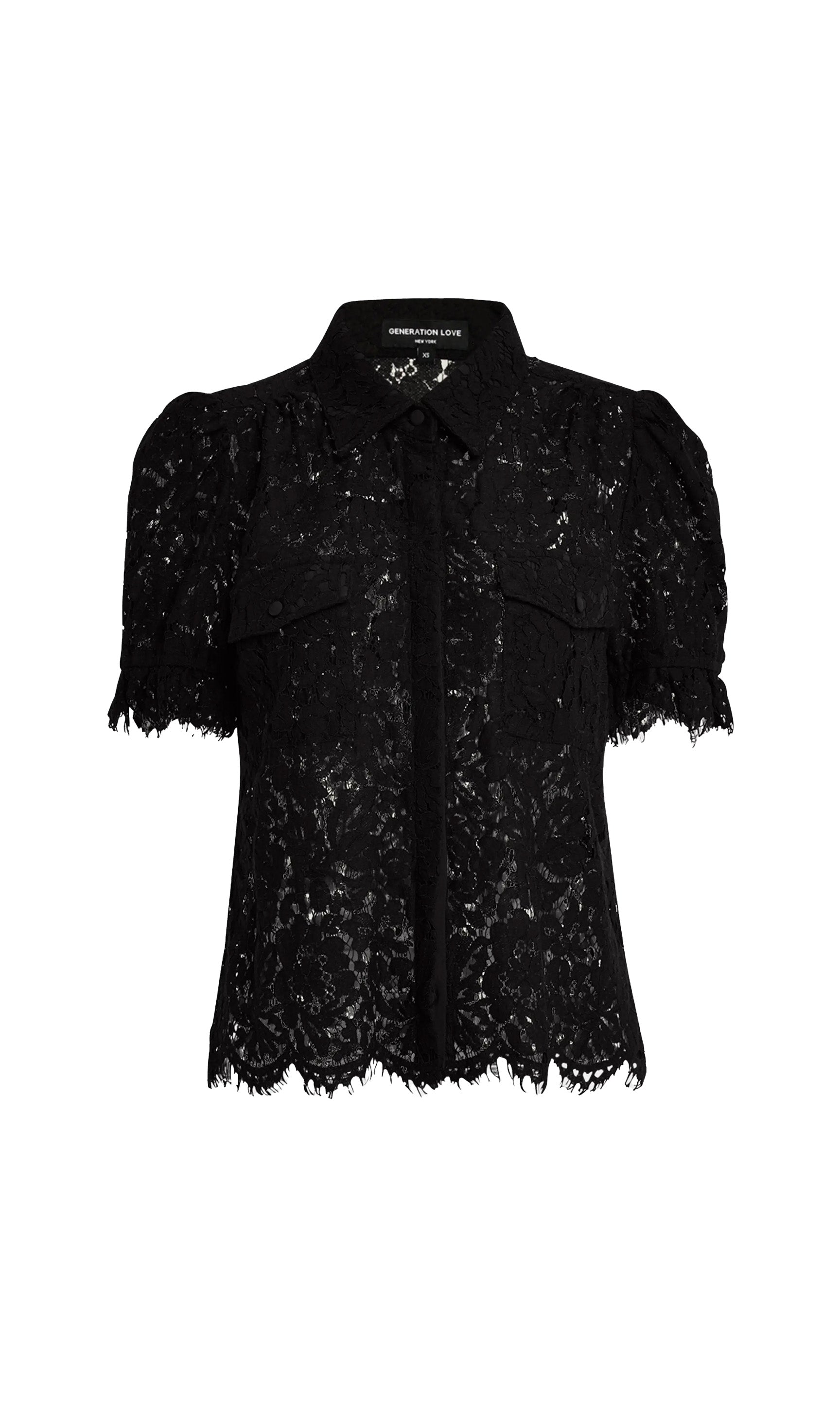 Flat image of the Mina lace shirt in black on a white background