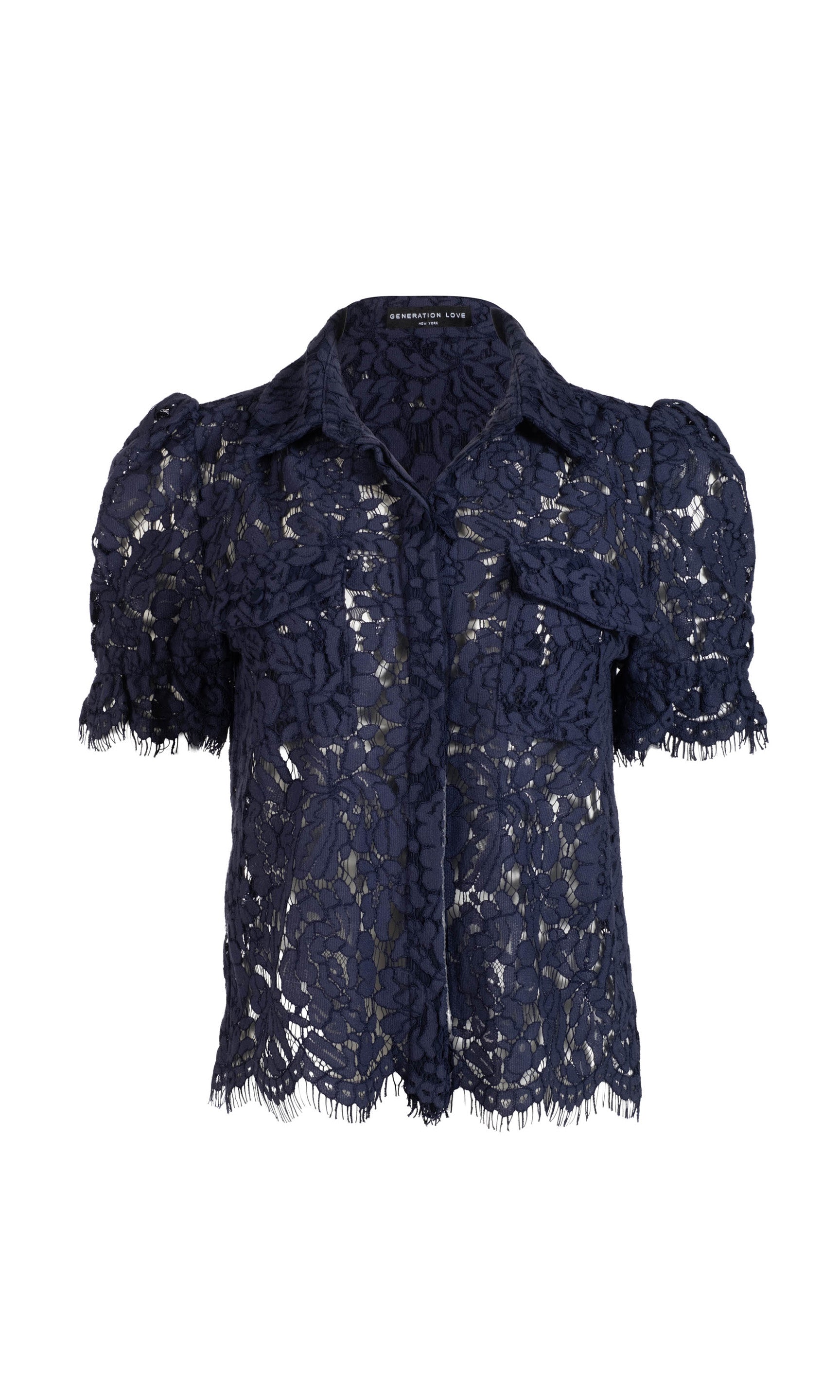 Flat image of the Mina lace shirt in navy on a white background
