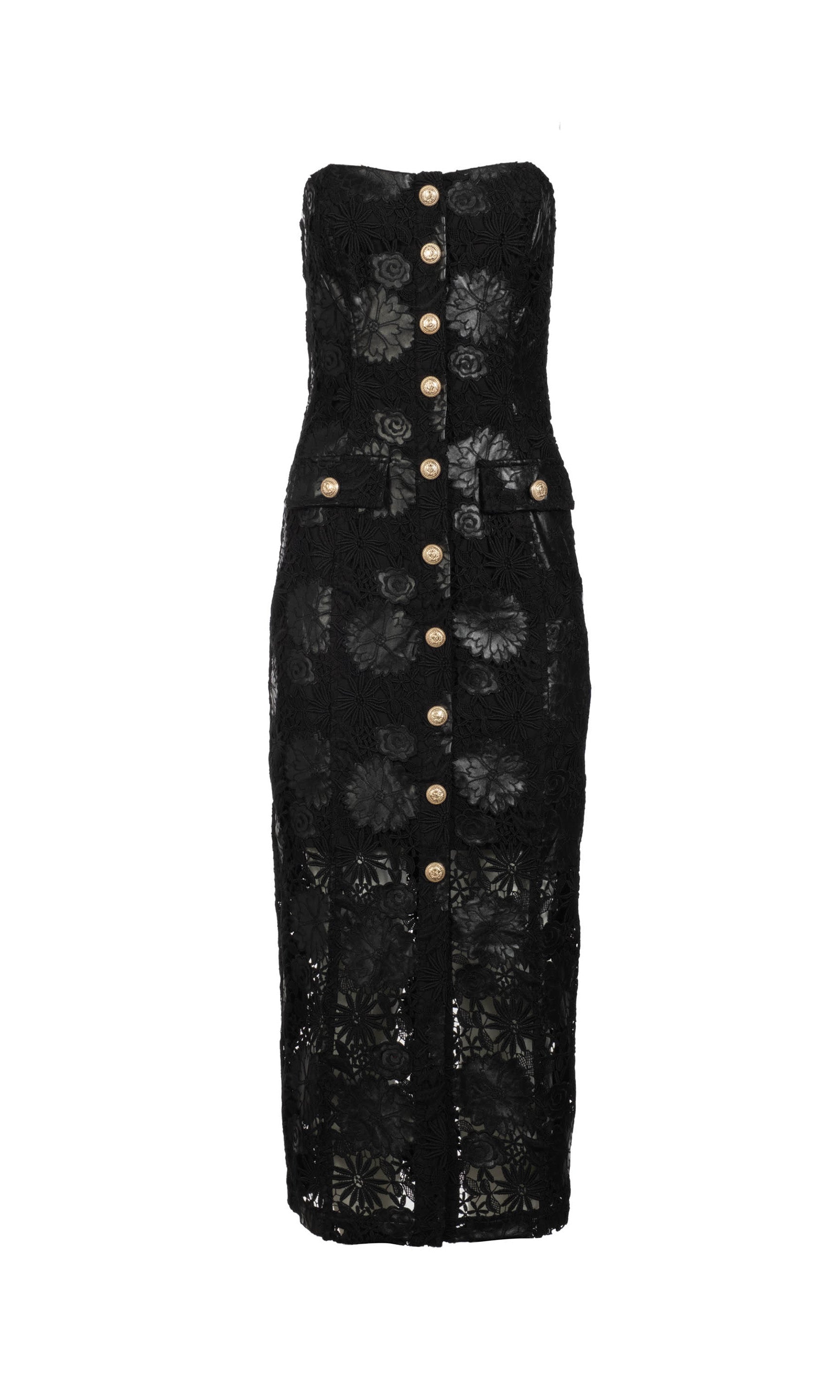 Black vegan-leather lace dress with button details on a white background