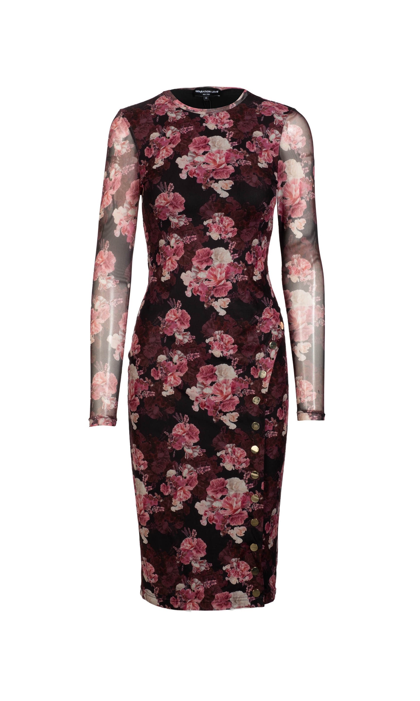 Floral dress with long sleeves on a white background